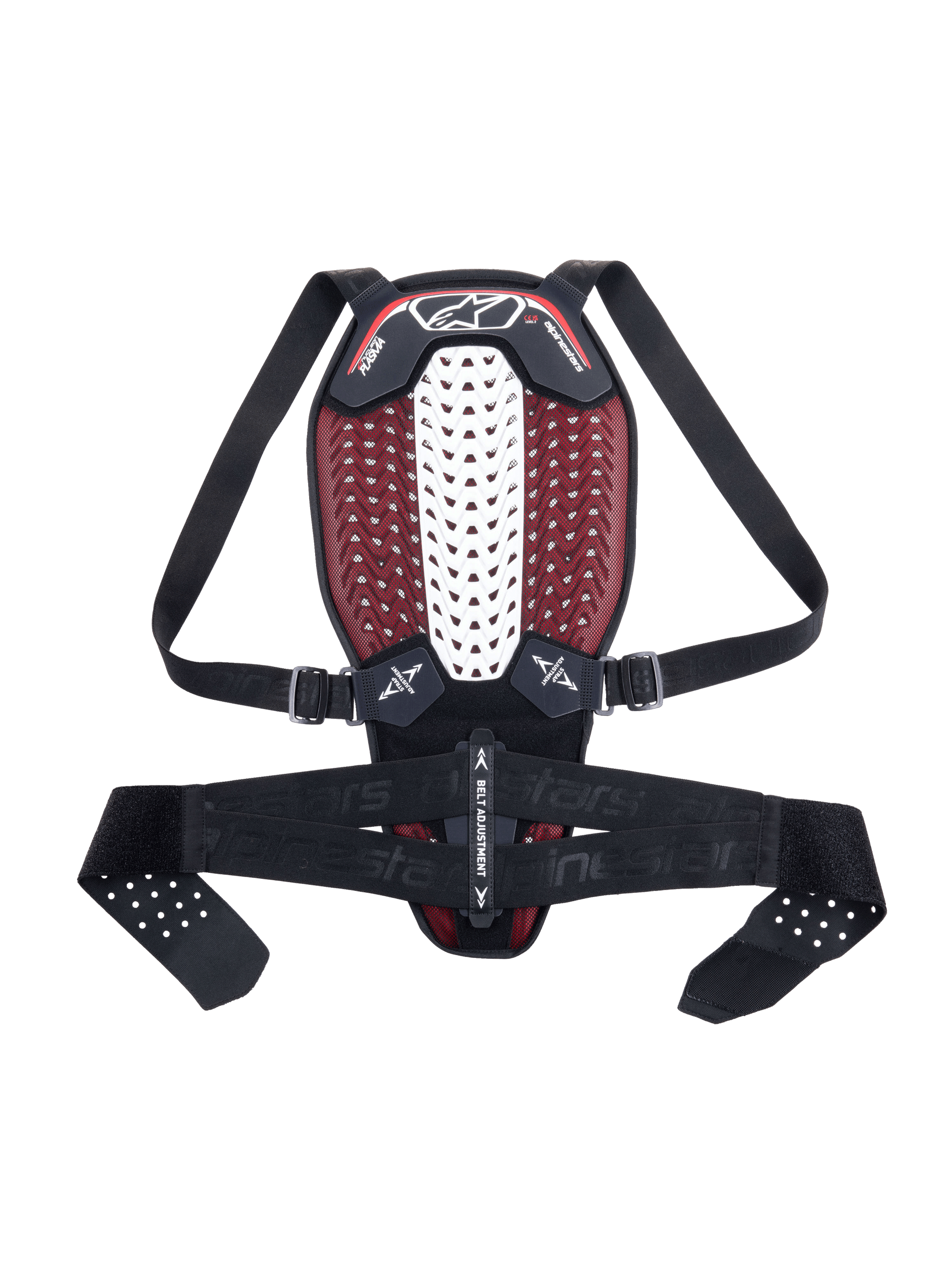 Protection dorsale Alpinestars Nucleon Plasma, protection dorsale de moto, noir, blanc et rouge, avec zone spinale centrale blanche ventilée et intérieur en mesh rouge, bretelles et ceinture réglables, design ergonomique léger pour la protection contre les impacts