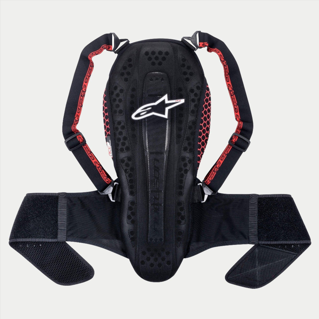Protection dorsale Alpinestars Nucleon KR-2, Black Smoke Red, protection vertébrale articulée avec logo étoile blanc, panneaux latéraux rouges en nid d'abeille, bretelles réglables et large ceinture ventrale, équipement de sécurité moto certifié CE Niveau 2