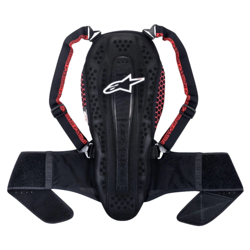 Protection dorsale Alpinestars Nucleon KR-2, Noir Smoke Rouge, dotée d'un design articulé de style vertébral, de bretelles réglables avec des accents rouges et d'une large ceinture ventrale, protection légère de la colonne vertébrale pour moto