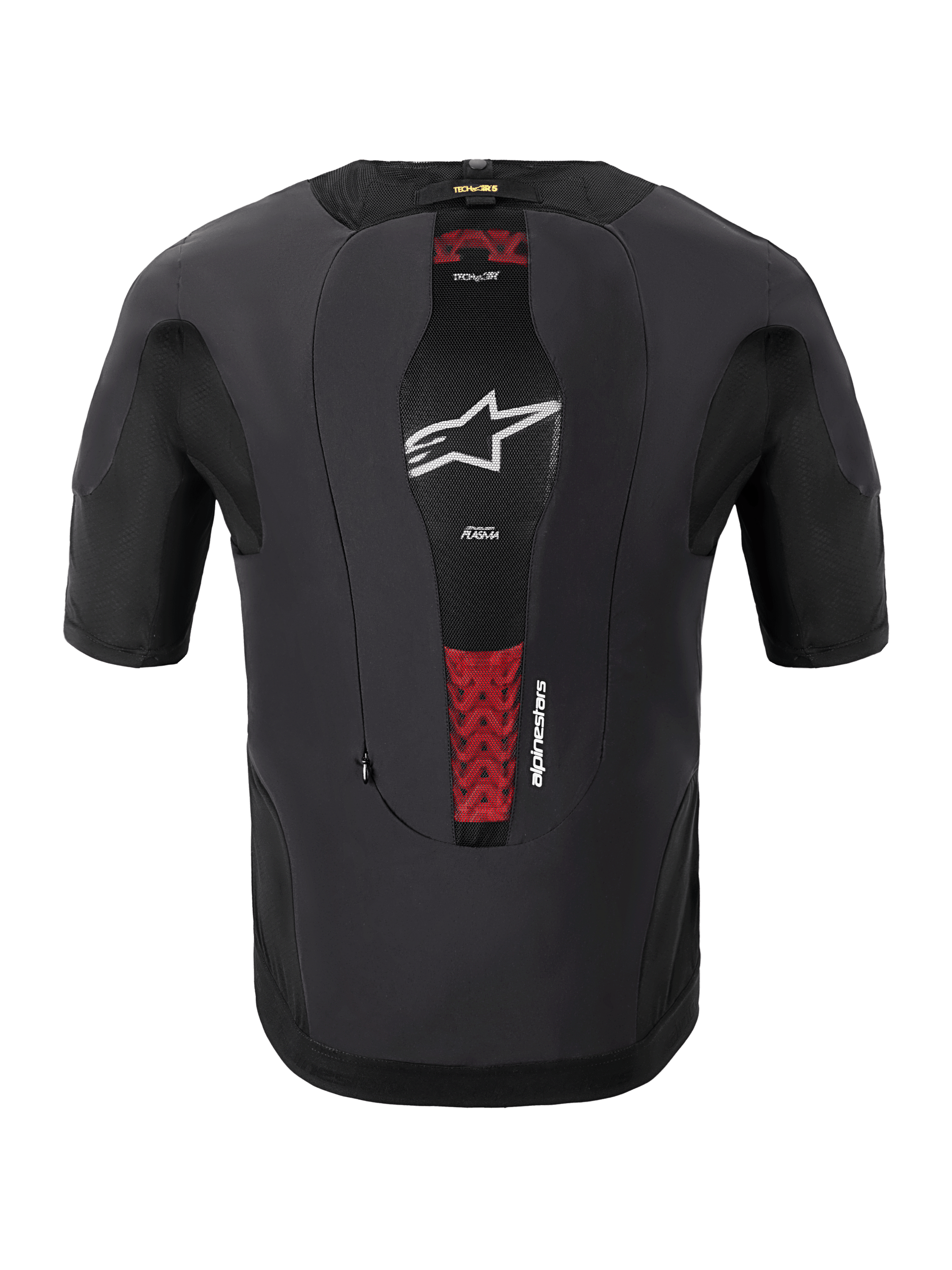 Alpinestars Tech-Air® 5 Plasma System, système airbag moto, vue arrière, noir, comprend un panneau central en maille avec un logo étoile blanc et des accents rouges de la protection dorsale interne PLASMA, design ajusté à manches courtes pour une protection sous la veste