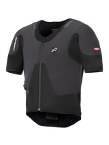 Système Alpinestars Tech-Air 5 Plasma, gilet airbag de moto noir, profil ultra-fin avec fermeture éclair frontale et manches courtes, doté de panneaux en mesh respirant et du marquage Alpinestars, conçu pour une protection sous la veste