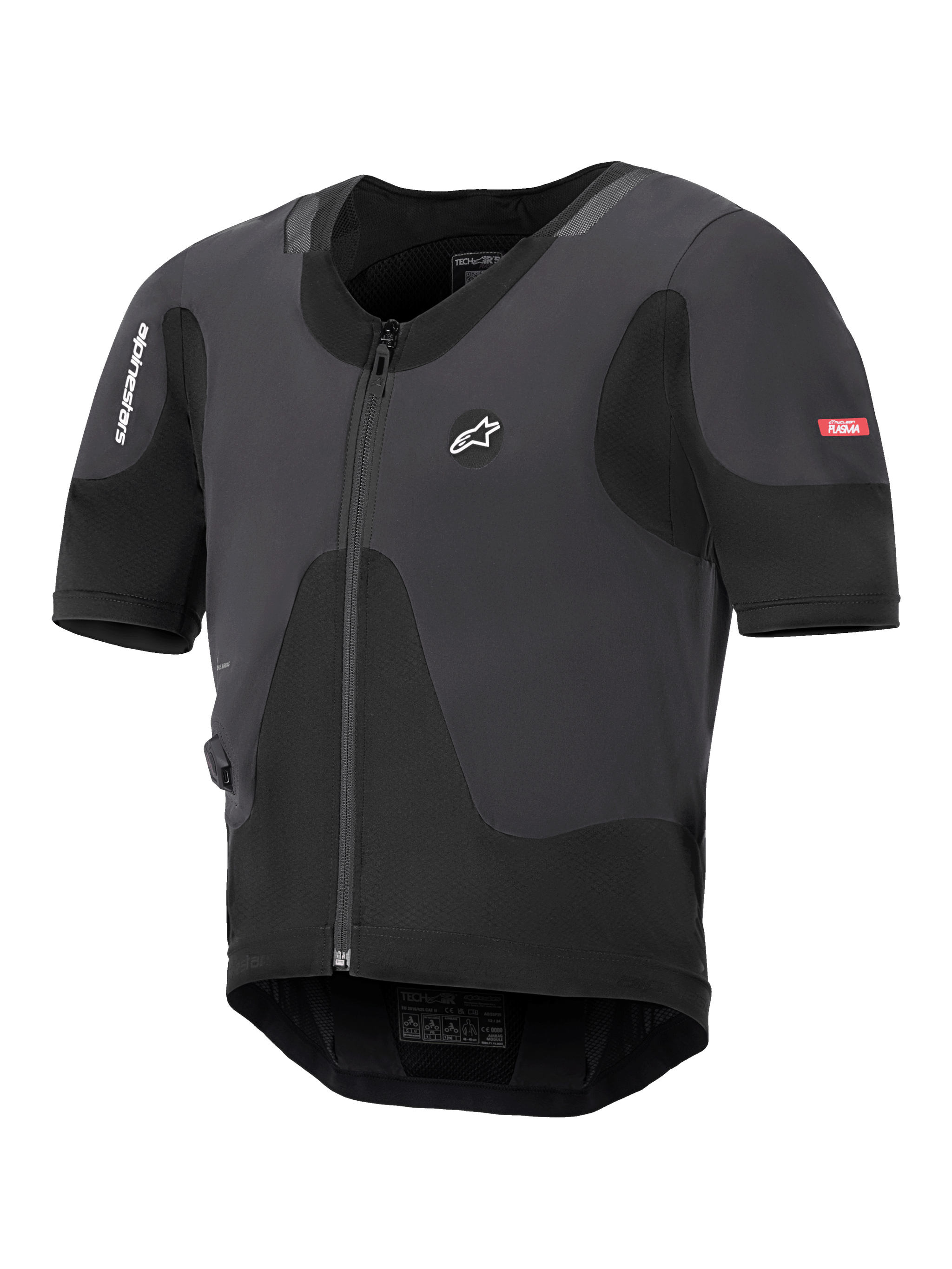 Système Alpinestars Tech-Air 5 Plasma, gilet airbag de moto noir, profil ultra-fin avec fermeture éclair frontale et manches courtes, doté de panneaux en mesh respirant et du marquage Alpinestars, conçu pour une protection sous la veste