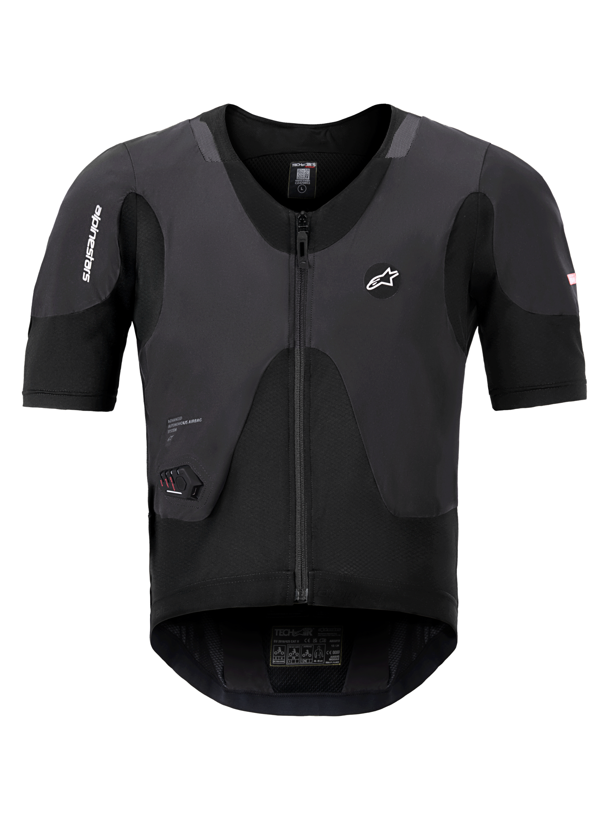Système Alpinestars Tech-Air 5 Plasma, gilet airbag noir, vue de face avec manches courtes et fermeture éclair centrale, arborant le logo Alpinestars et un affichage d'état à LED intégré, sous-vêtement de protection ultra-fin pour la sécurité à moto