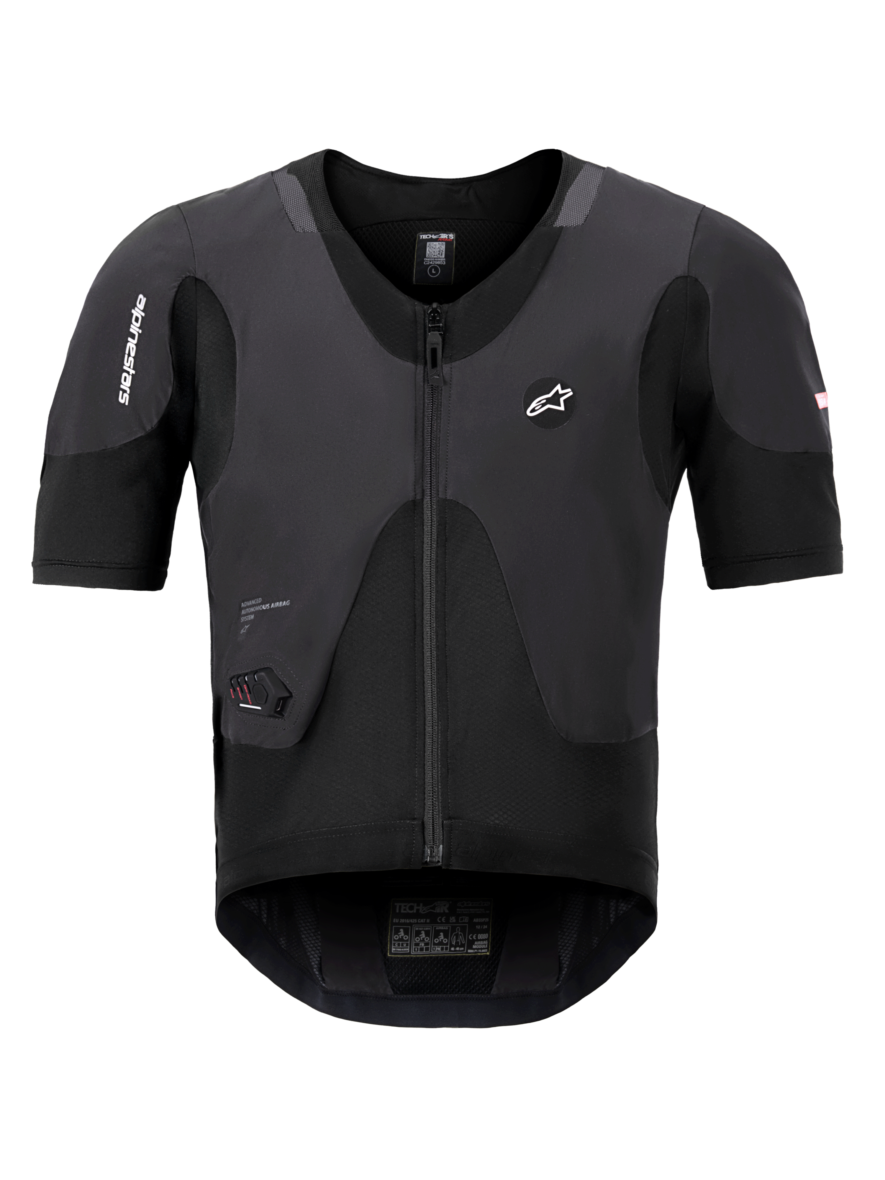 Système Alpinestars Tech-Air 5 Plasma, gilet airbag noir, vue de face avec manches courtes et fermeture éclair centrale, arborant le logo Alpinestars et un affichage d'état à LED intégré, sous-vêtement de protection ultra-fin pour la sécurité à moto