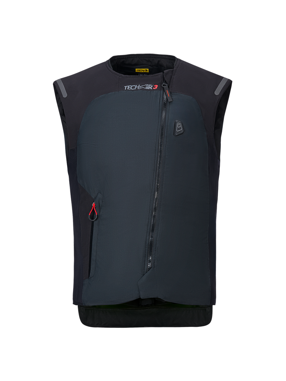 Système Alpinestars Tech-Air® 3 V2, gilet airbag de moto, noir, vue de face montrant la fermeture éclair diagonale, marquage TECH-AIR 3, construction textile profilée, protection électronique autonome pour la conduite sur route