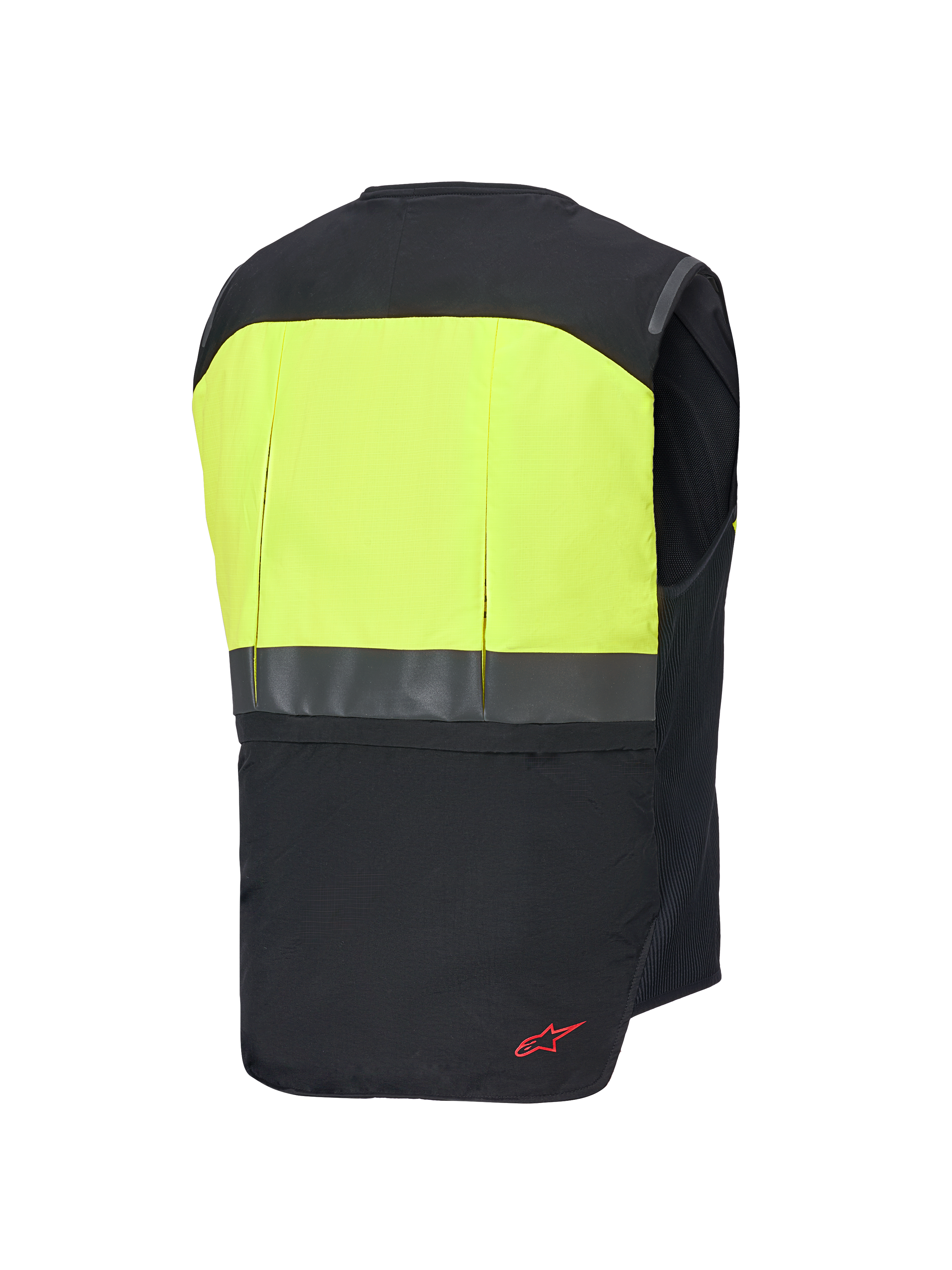 Système Alpinestars Tech-Air® 3 V2, gilet airbag moto, vue arrière, noir et jaune fluo, doté d'un empiècement jaune haute visibilité sur le haut du dos avec une bande horizontale réfléchissante et un logo rouge
