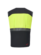Système Alpinestars Tech-Air® 3 V2, gilet airbag moto, noir et jaune fluo, vue arrière avec section supérieure jaune haute visibilité et bande réfléchissante horizontale, équipement de protection fin et léger pour le touring et les trajets quotidiens