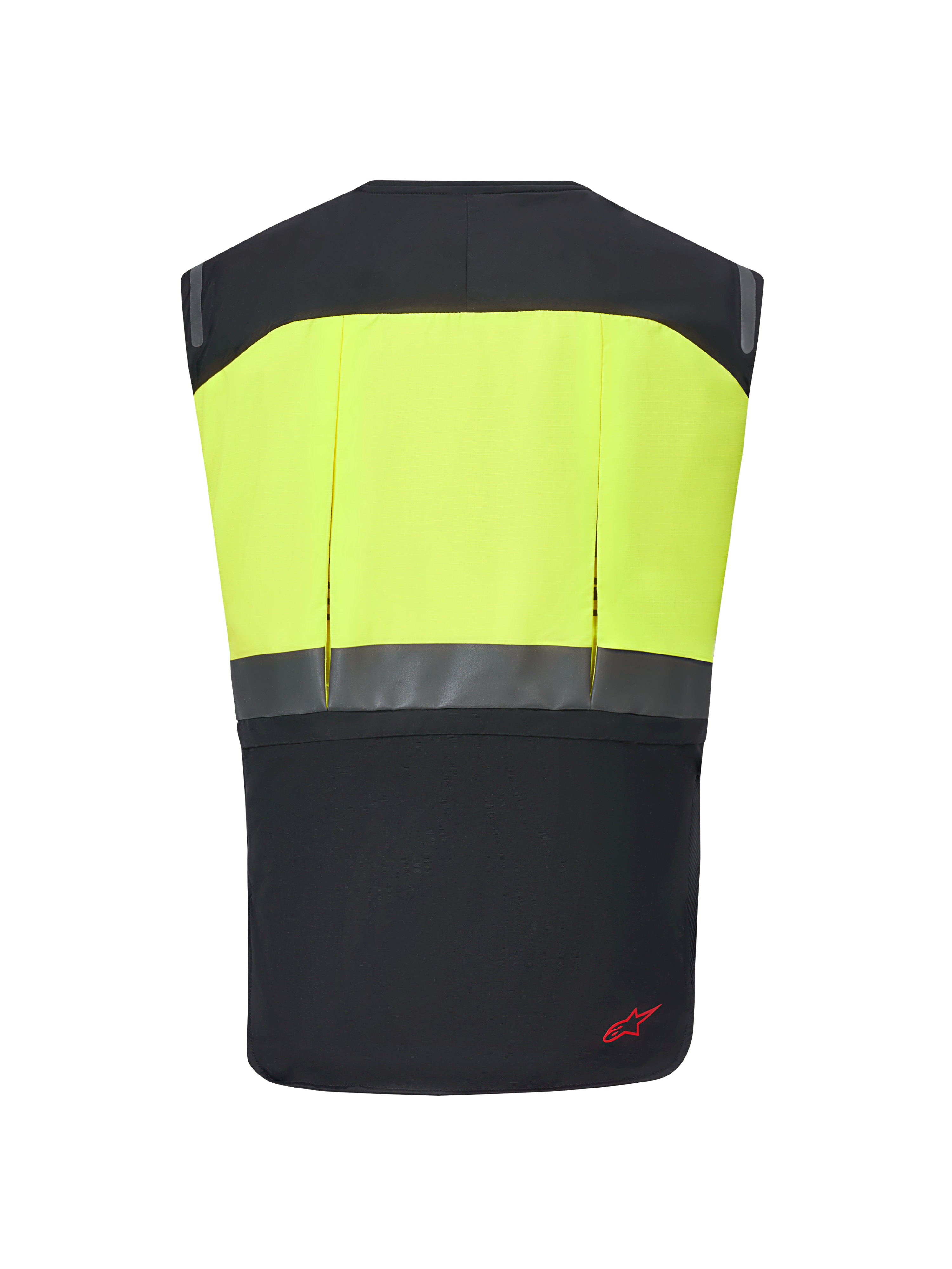 Système Alpinestars Tech-Air® 3 V2, gilet airbag moto, noir et jaune fluo, vue arrière avec section supérieure jaune haute visibilité et bande réfléchissante horizontale, équipement de protection fin et léger pour le touring et les trajets quotidiens