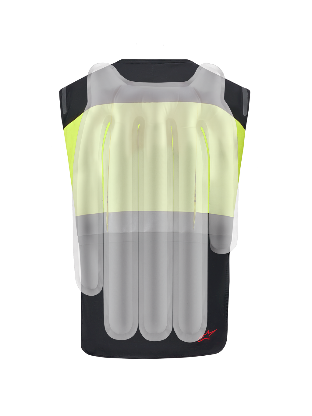 Système Alpinestars Tech-Air® 3 V2, gilet airbag de moto, noir et jaune fluo, vue arrière avec superposition translucide montrant les chambres à air internes pour la protection de la colonne vertébrale et des épaules.