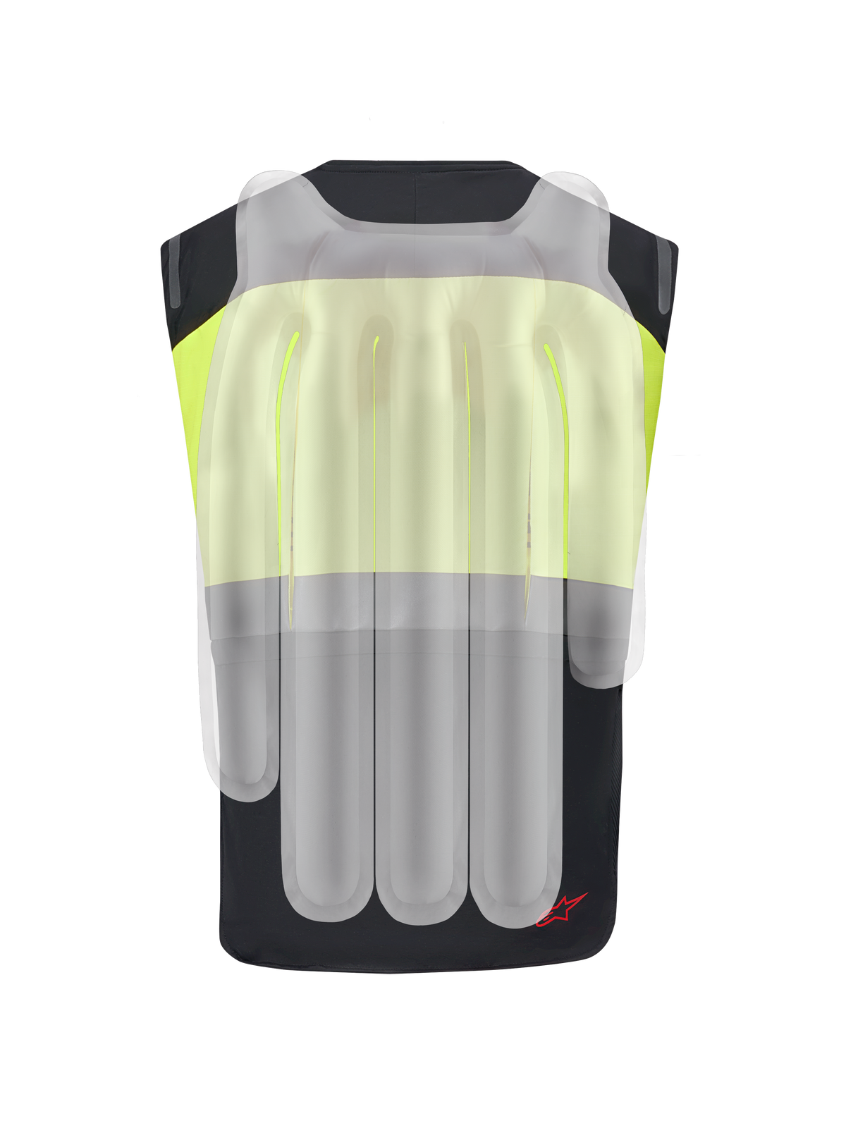 Système Alpinestars Tech-Air® 3 V2, gilet airbag de moto, noir et jaune fluo, vue arrière avec superposition translucide montrant les chambres à air internes pour la protection de la colonne vertébrale et des épaules.
