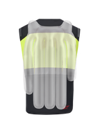 Système Alpinestars Tech-Air® 3 V2, gilet airbag de moto, noir et jaune fluo, vue arrière avec superposition translucide montrant les chambres à air internes pour la protection de la colonne vertébrale et des épaules.