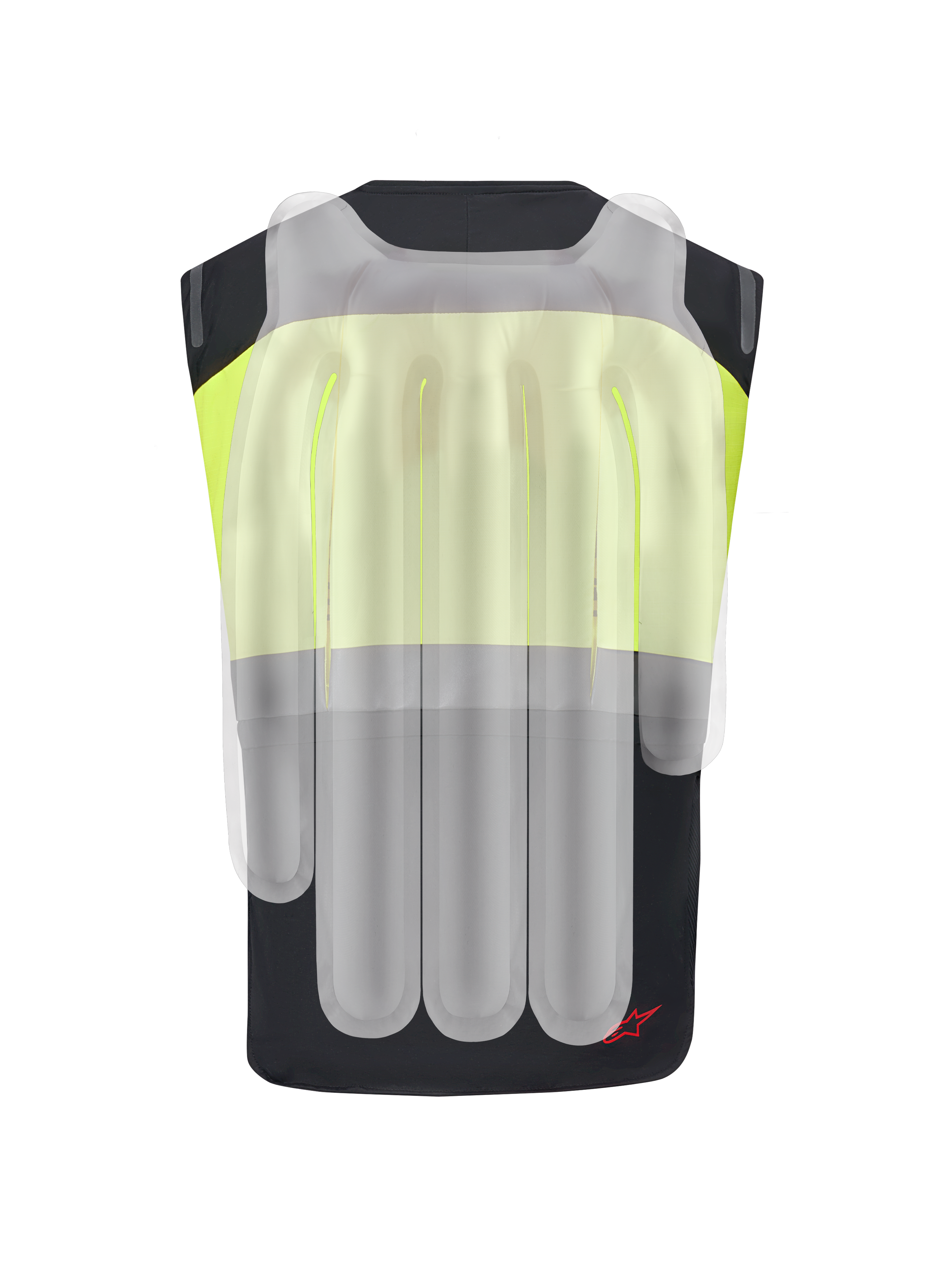 Système Alpinestars Tech-Air® 3 V2, gilet airbag de moto, noir et jaune fluo, vue arrière avec superposition translucide montrant les chambres à air internes pour la protection de la colonne vertébrale et des épaules.