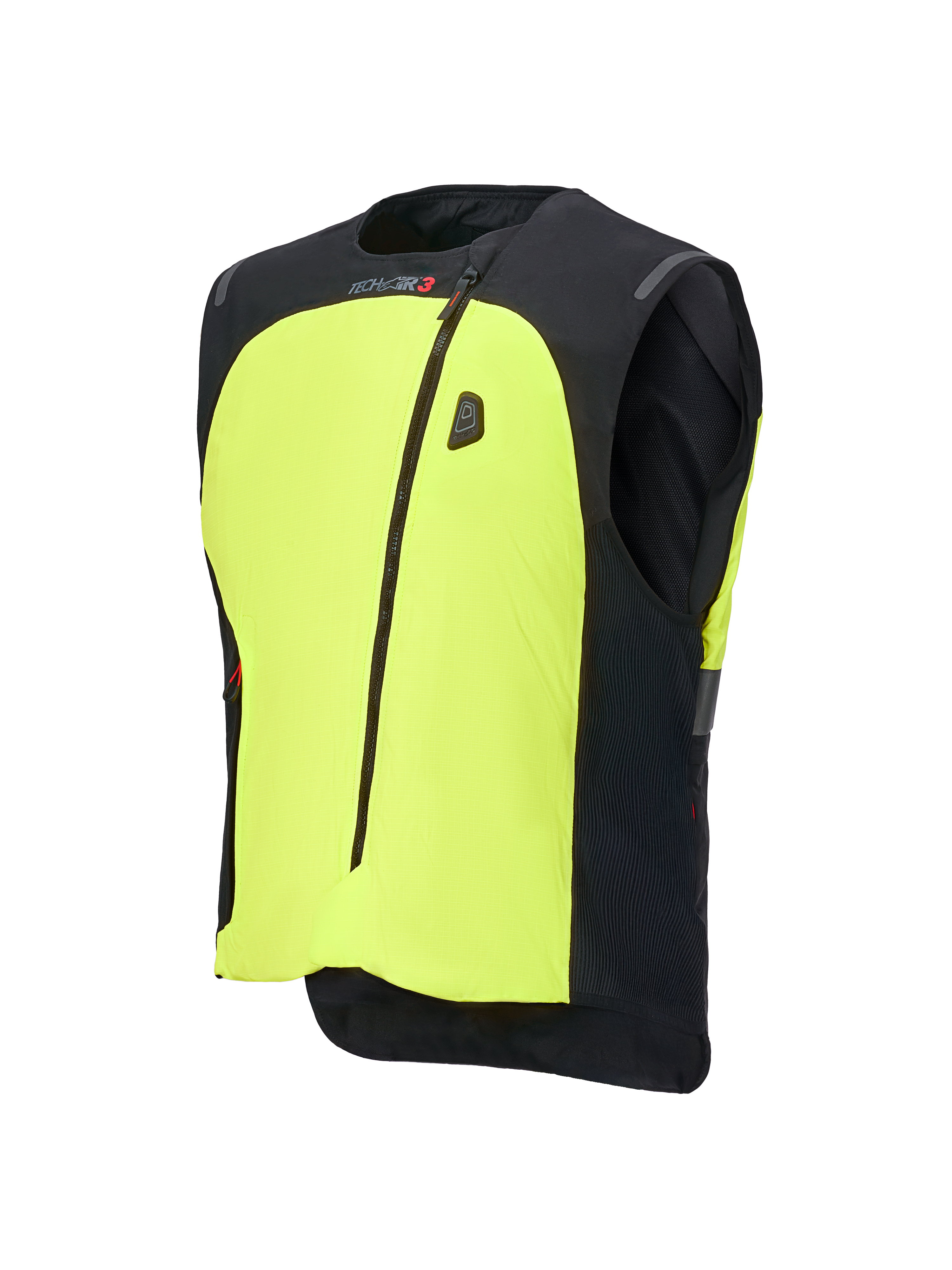 Alpinestars Tech-Air® 3 V2 System, gilet airbag moto, noir et jaune fluo, doté d'un panneau avant jaune fluo proéminent, d'une fermeture éclair centrale, d'un affichage d'état LED intégré et du logo Tech-Air, protection airbag autonome légère pour la conduite sur route
