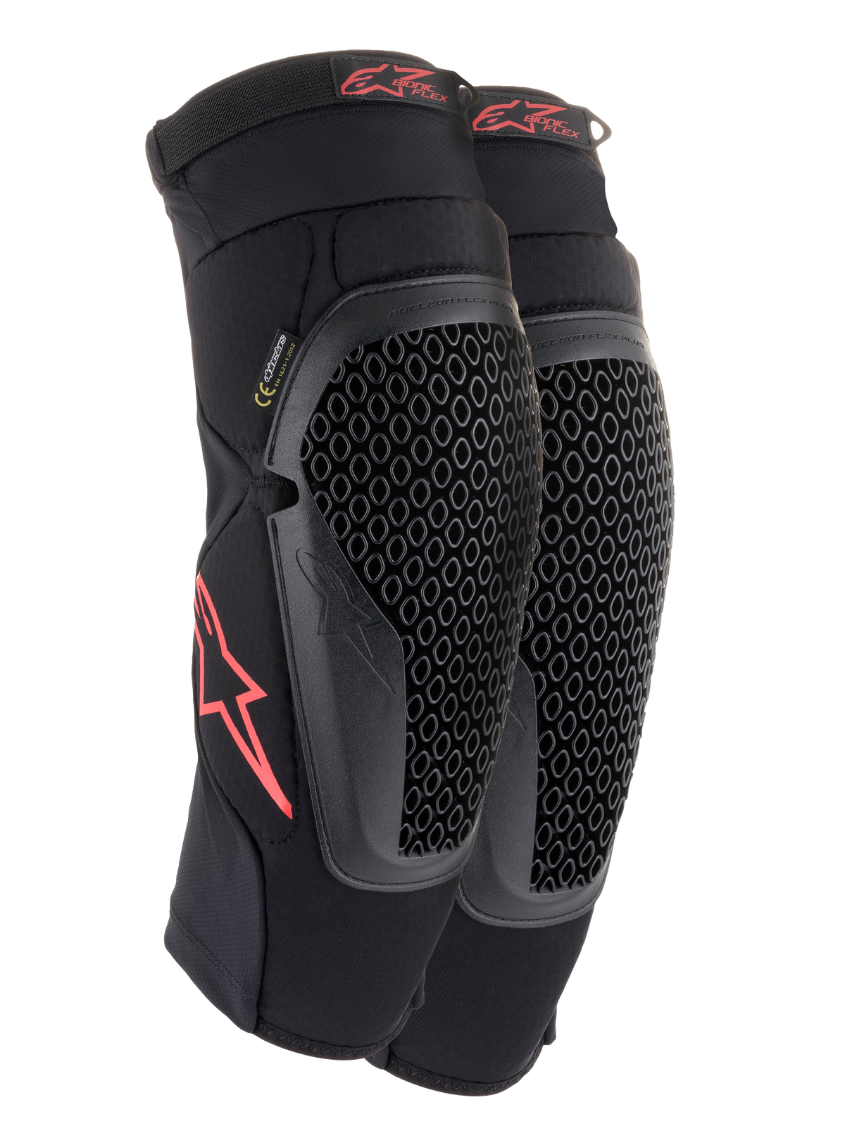 Genouillères Alpinestars Bionic Flex, noir et rouge, paire de protections de genoux pour motocross avec coques perforées technologie Nucleon Flex, logos Astars rouges et sangles élastiquées sur manchon en mesh noir respirant.
