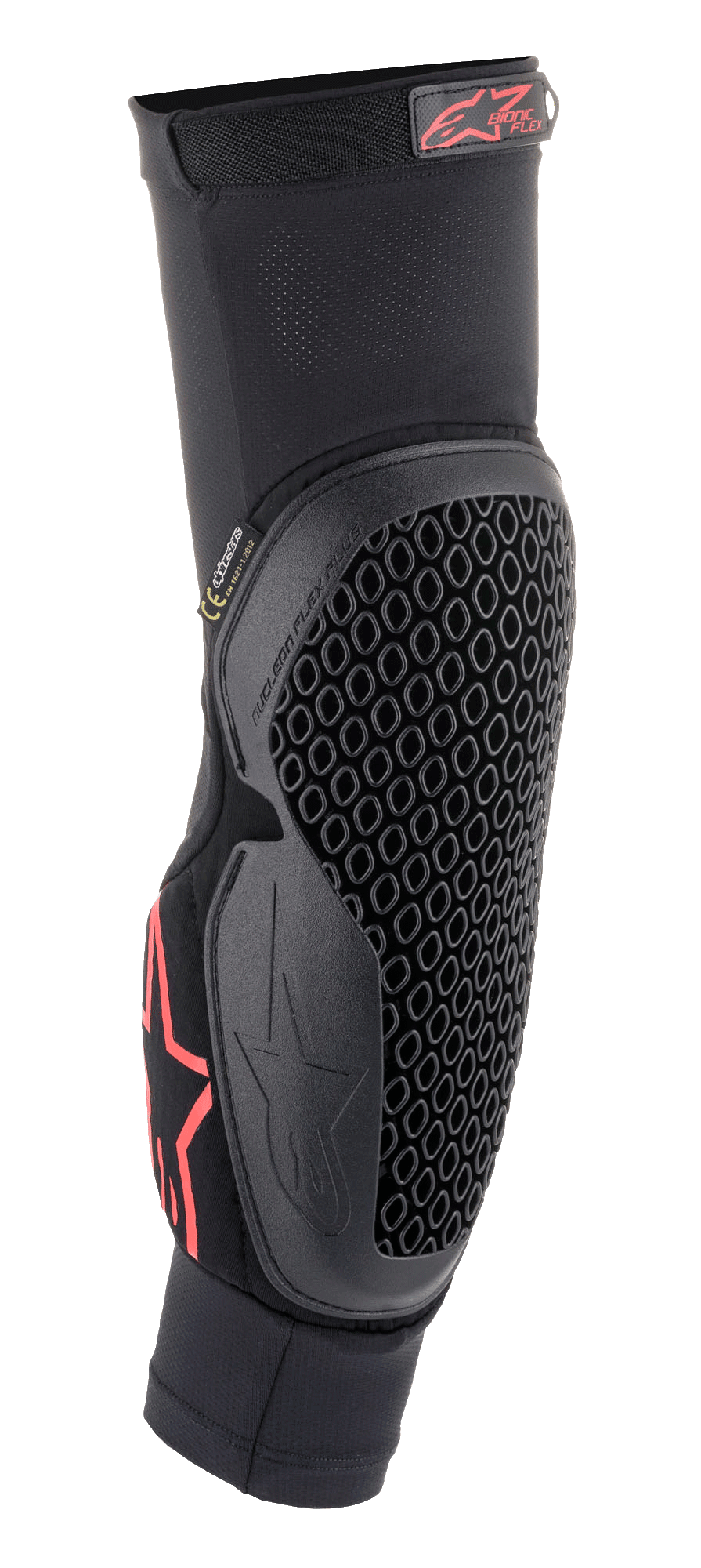 Protection de coude Alpinestars Bionic Flex, noire et rouge, manchon en maille à enfiler avec technologie Nucleon Flex flexible à structure alvéolée, logo Alpinestars rouge, équipement de protection ergonomique pour moto tout-terrain