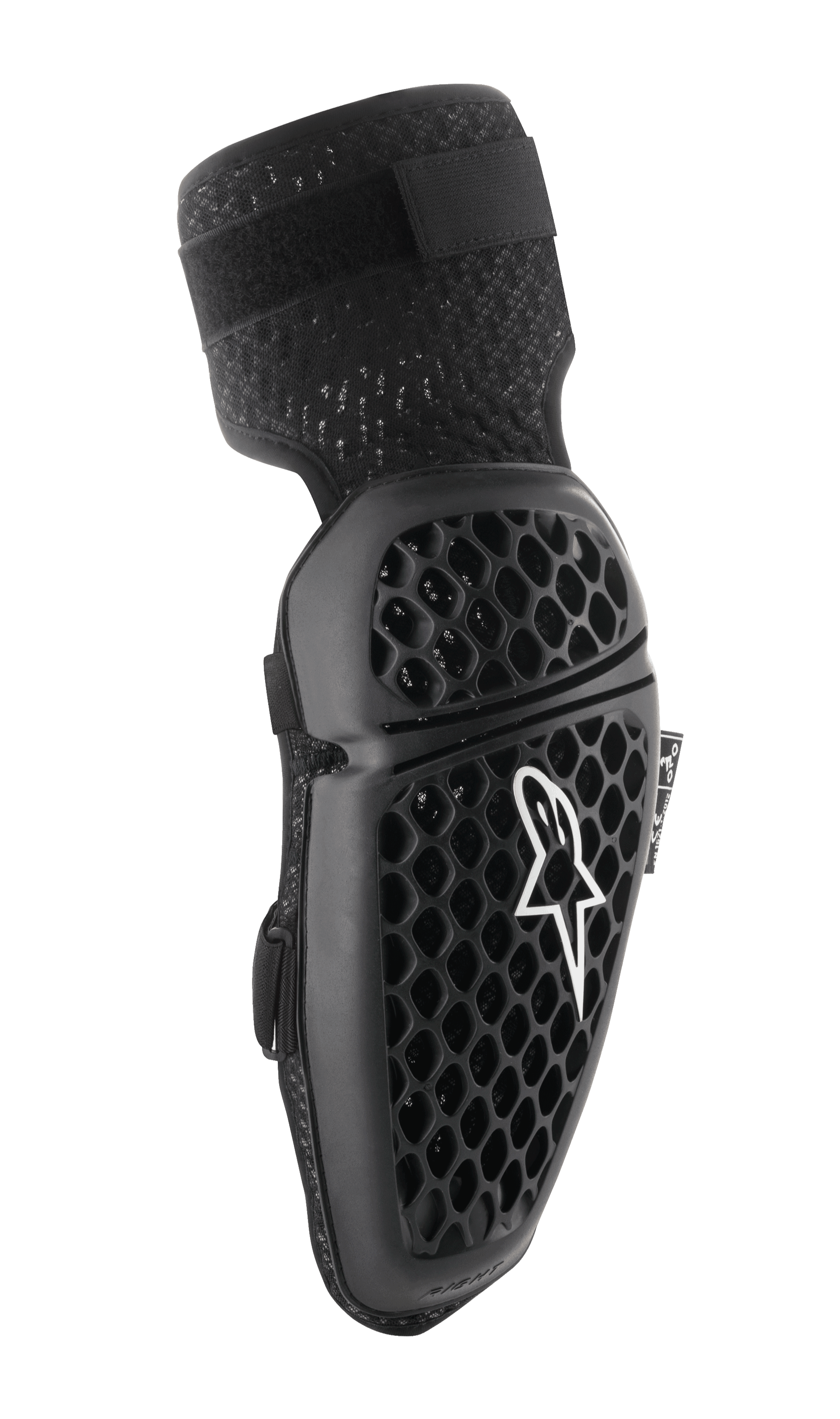 Alpinestars Bionic Plus, protections de coude, noires, protection de motocross, motif en nid d'abeille pour la ventilation, design ergonomique incurvé, sangle élastique texturée, certifié CE, vue latérale droite