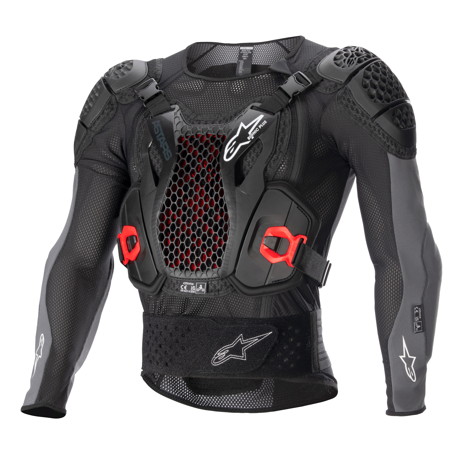 Alpinestars Bionic Plus V2 Protection Jacket, armure de protection pour motocross, noir et gris anthracite avec des touches de rouge, dotée d'un protecteur de poitrine en maille alvéolée, épaules et coudes rembourrés, conception en mesh respirant pour la course tout-terrain