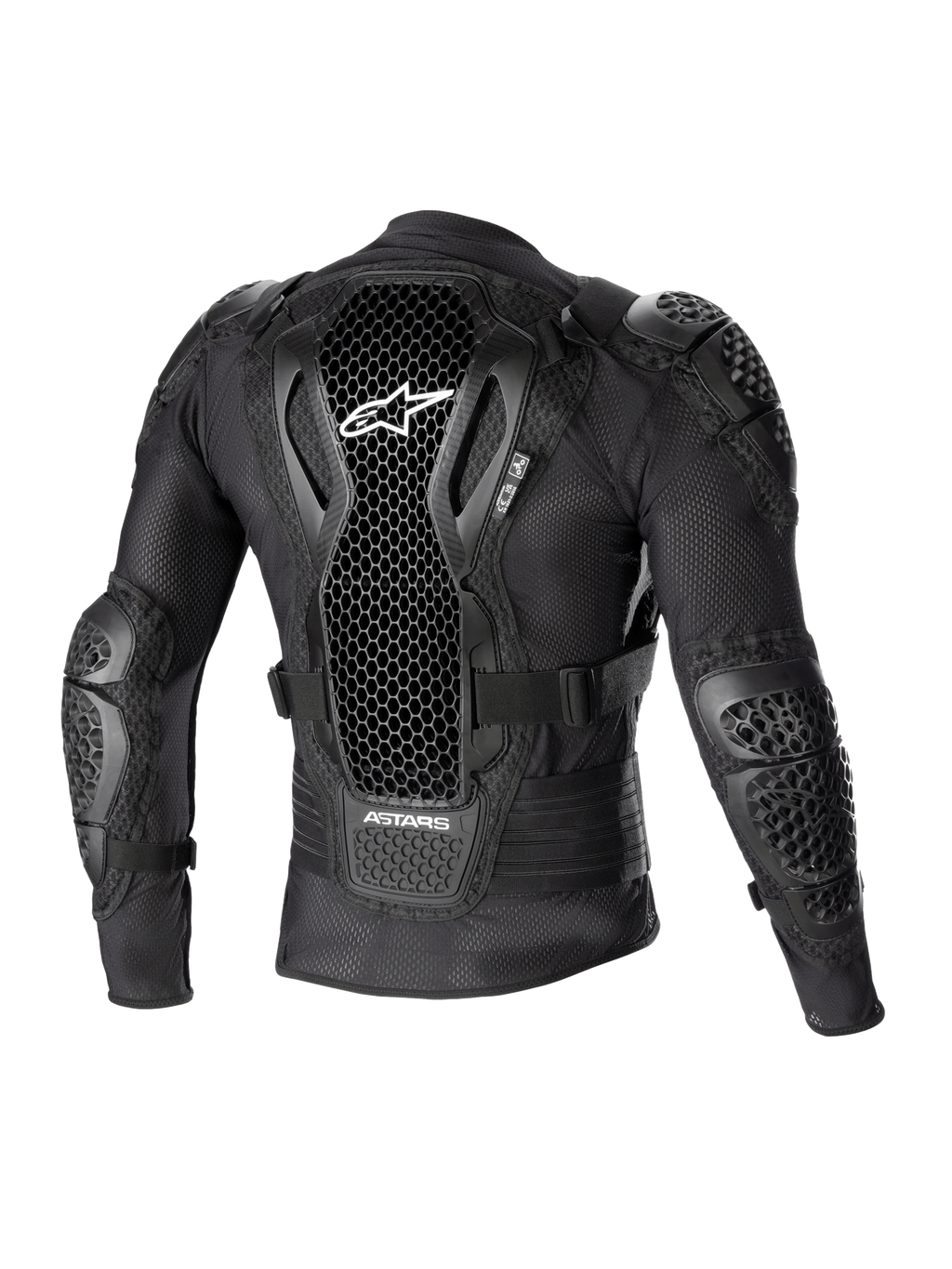 Alpinestars Bionic Action V2 Protection Jacket, Rear View, Black, featuring perforated Cell Technology back protector with white logo, mesh construction with integrated shoulder and elbow armor, designed for motocross and off-road protection