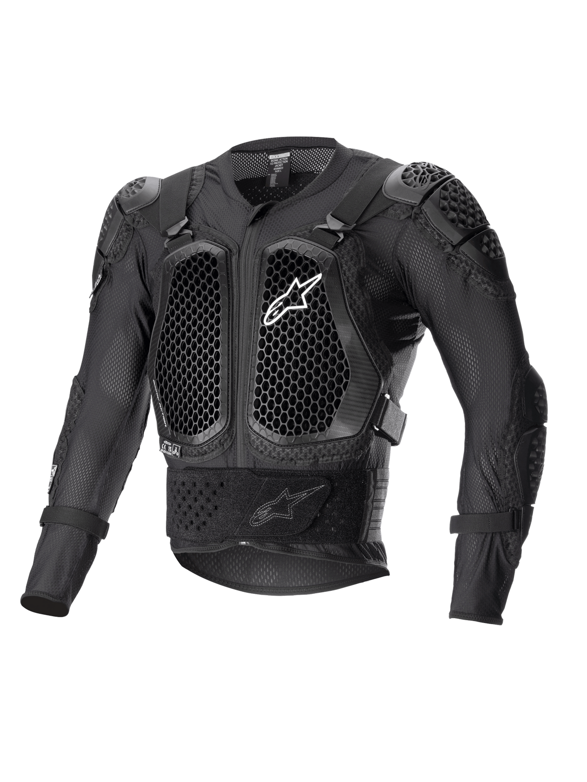 Veste de protection Alpinestars Bionic Action V2, noire, avec protections de poitrine et de coudes Cell Technology à motif alvéolaire, construction en maille respirante, logo Alpinestars blanc sur la poitrine, équipement de protection pour moto tout-terrain