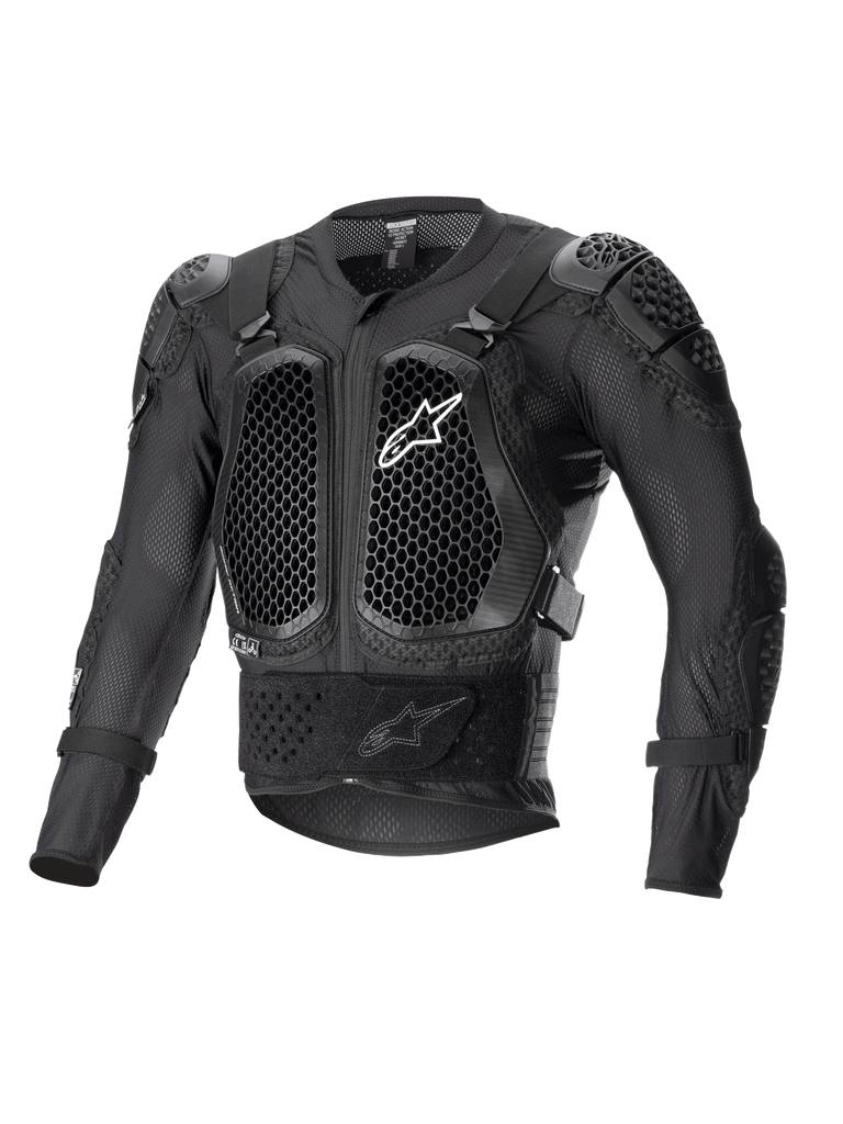 Veste de protection Alpinestars Bionic Action V2, noire, avec protections de poitrine et de coudes Cell Technology à motif alvéolaire, construction en maille respirante, logo Alpinestars blanc sur la poitrine, équipement de protection pour moto tout-terrain