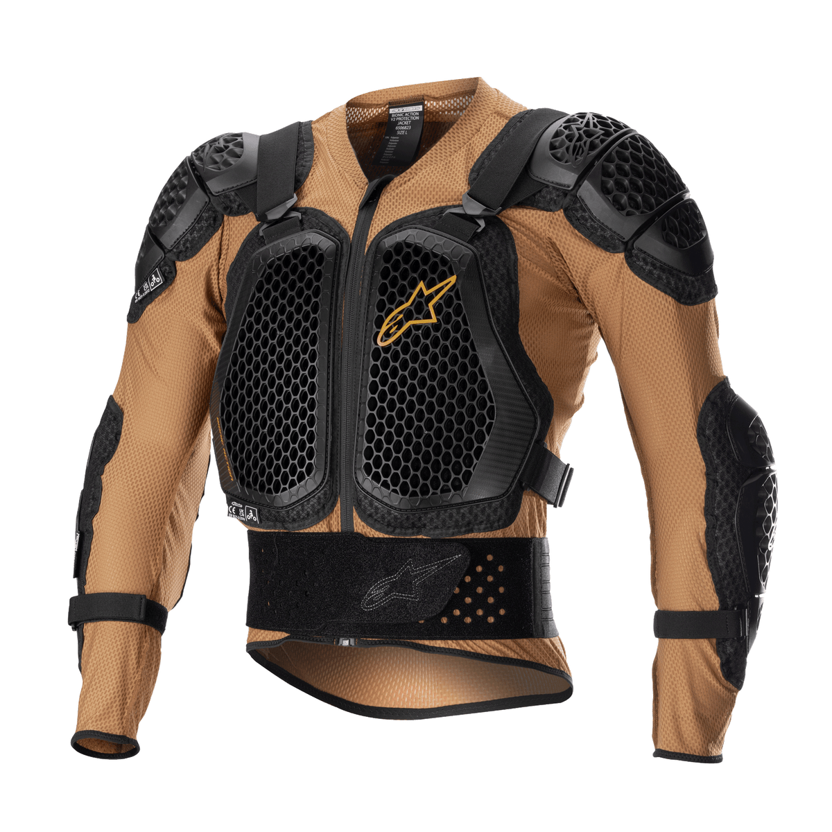 Veste de protection Alpinestars Bionic Action V2, protection corporelle pour moto, sable et noir avec des accents mandarine, dotée de plaques de poitrine et d'épaules à technologie Cell au motif alvéolé, construction en mesh respirant, ceinture intégrée et sangles réglables, certifiée CE pour le motocross et le tout-terrain
