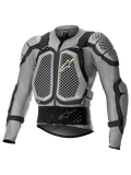 Alpinestars Bionic Action V2 Protection Jacket, Off-Road Motorcycle Body Armor, Gray and Black with Yellow Fluo accents, featuring honeycomb-patterned Cell Technology chest and shoulder protection, breathable mesh construction, adjustable straps, and a secure waist belt for motocross and enduro riding.
