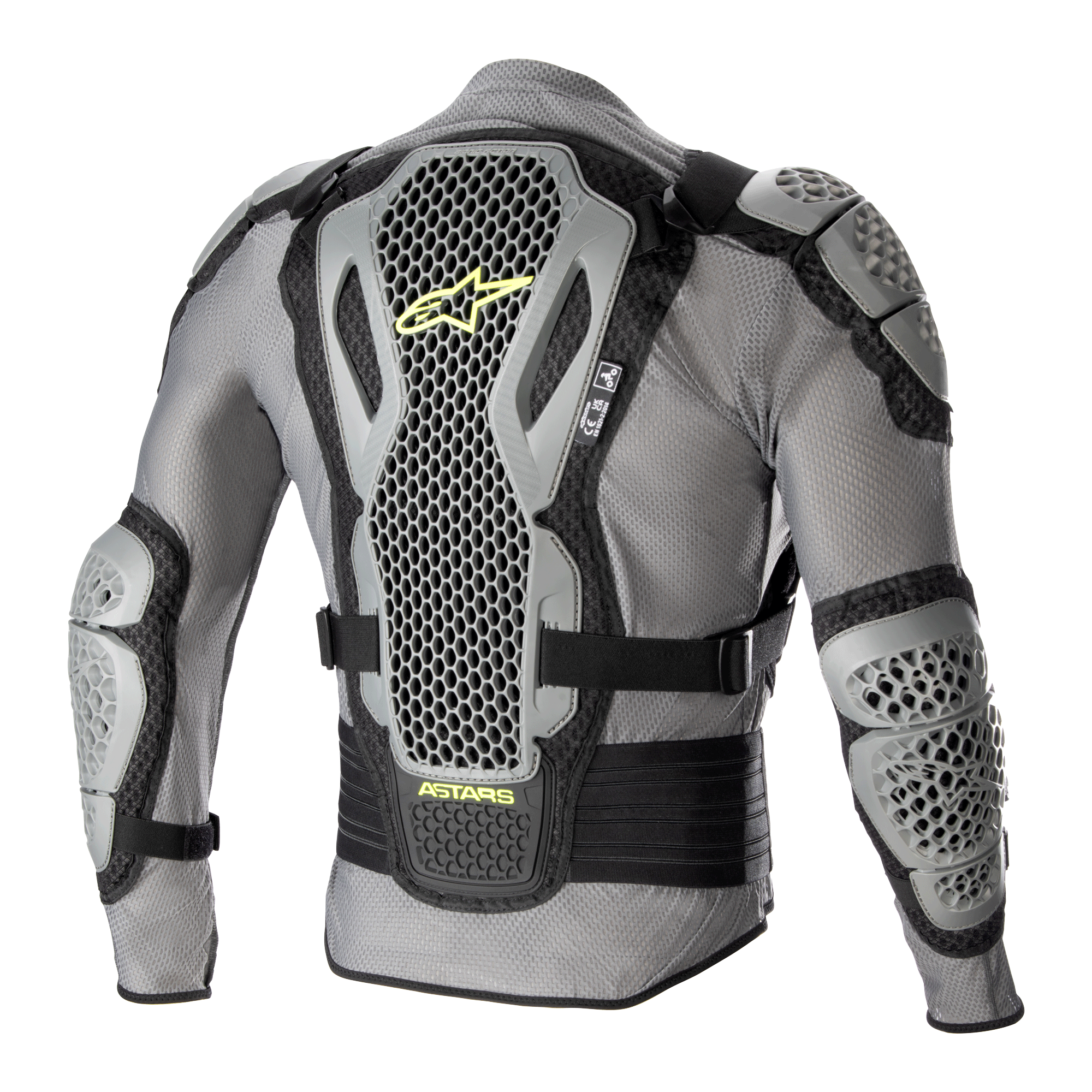 Alpinestars Bionic Action V2 Protection Jacket, Rear view, Gray and Black with Yellow Fluo accents, featuring highly perforated Cell Technology back, shoulder, and elbow protectors, gray mesh chassis with black adjustable straps and yellow Astars branding