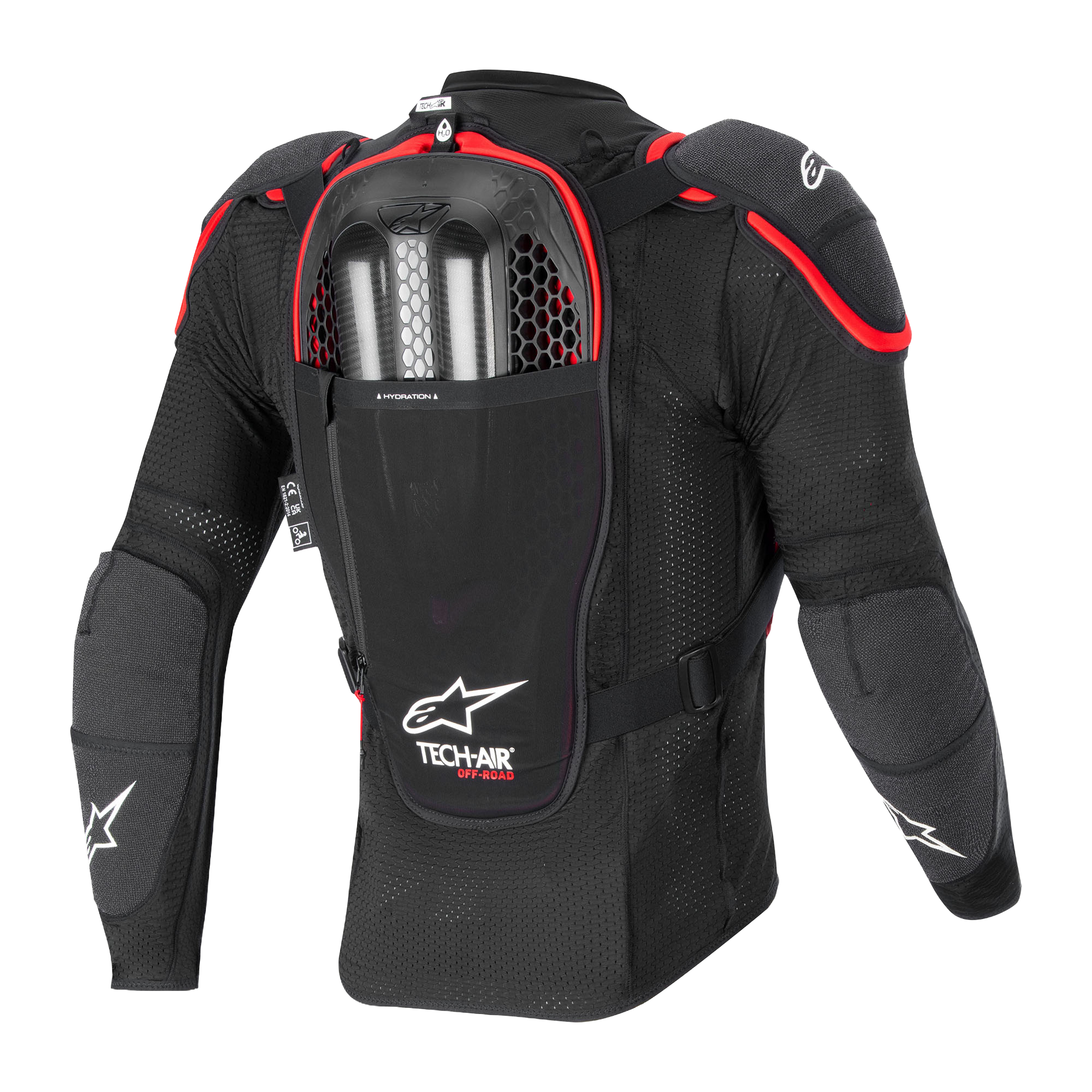 Tech-Air Off-Road System, rear view, black and red mesh protective jacket with back protector and dual gas inflators.
