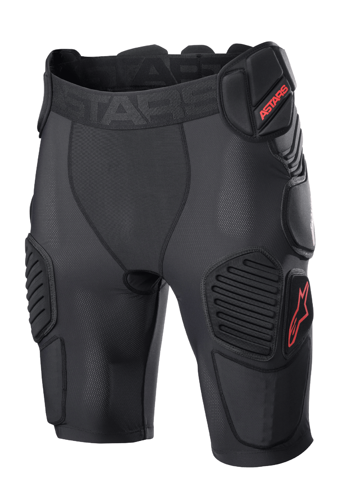 Alpinestars Bionic Pro Protection Shorts, short de protection pour motocross, noir et rouge, doté de protections rembourrées aux hanches et aux cuisses, maille respirante, ceinture élastique avec logo ASTARS rouge, conception technique pour la protection contre les impacts tout-terrain