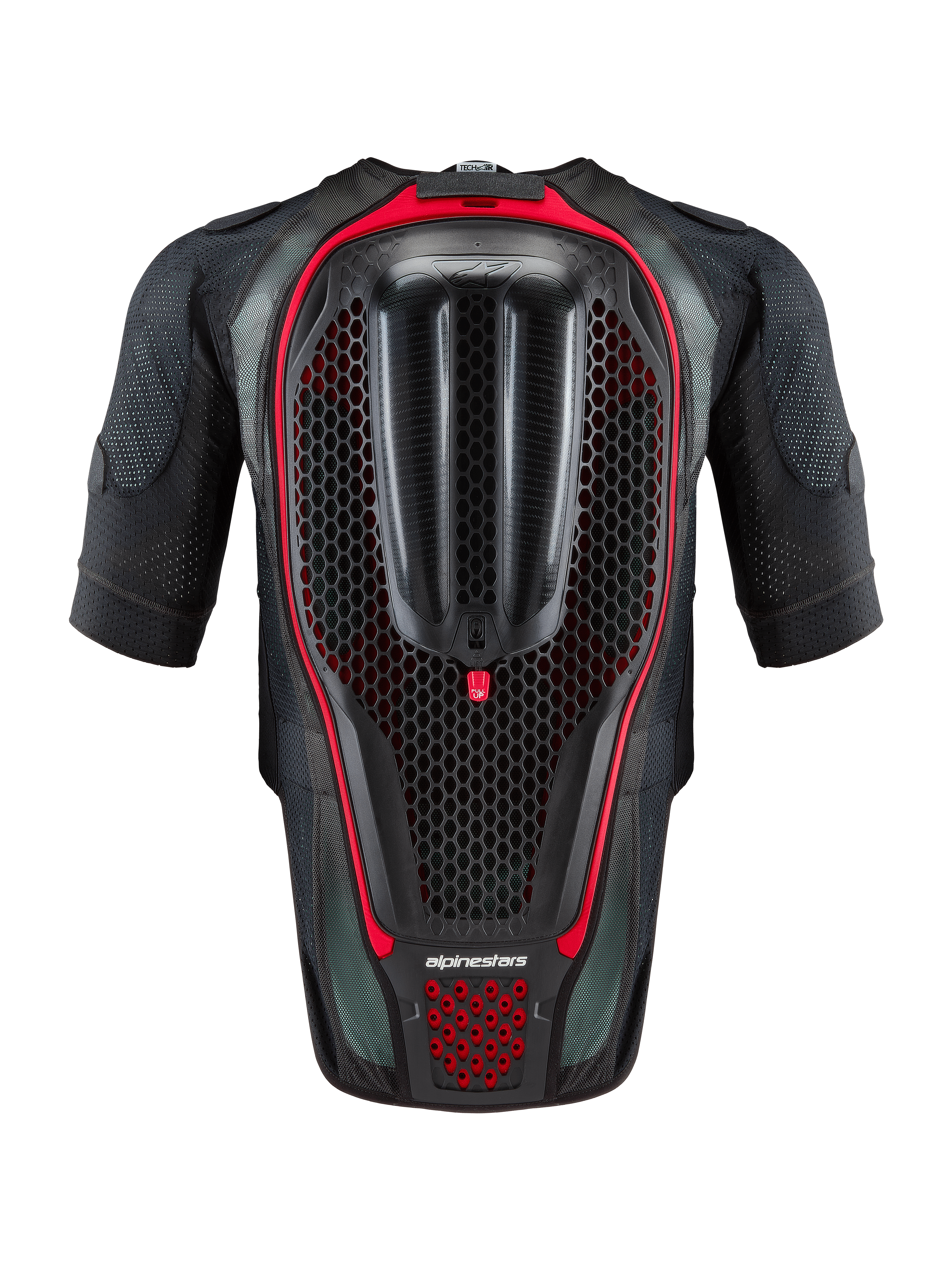 Système Alpinestars Tech-Air® 7X, gilet airbag moto autonome, noir et rouge, vue arrière montrant la protection dorsale intégrée en nid d'abeille et la construction en mesh ventilé pour la conduite sur piste et sur route.