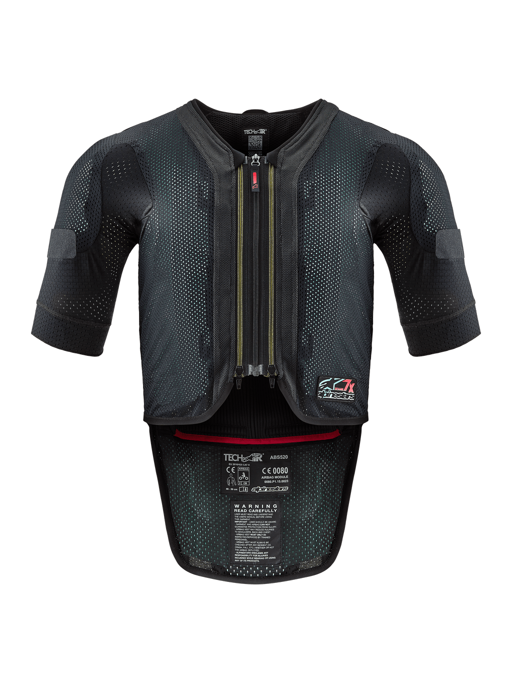 Alpinestars Tech-Air® 7X System, gilet airbag moto, noir et rouge, vue de face avec un châssis en mesh ventilé, fermeture éclair centrale avec tirette rouge et étiquettes de certification internes, protection haute performance pour la conduite sur piste et sur route