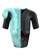 Système Alpinestars Tech-Air® 7X, gilet airbag de moto autonome, châssis en mesh noir avec visualisation bleu clair translucide de la vessie interne de l'airbag, équipement de protection technique à manches courtes avec protection dorsale intégrée