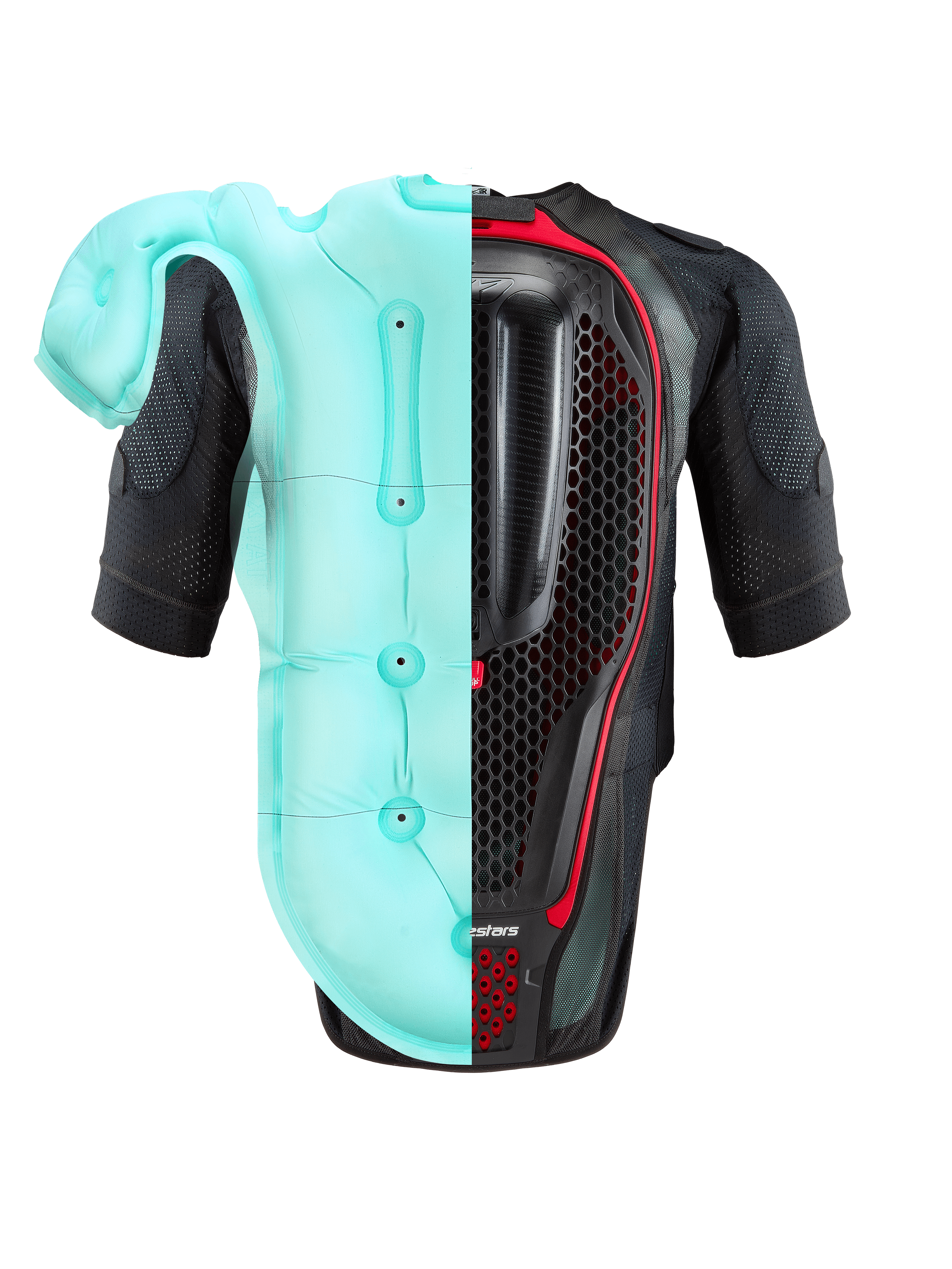 Système Alpinestars Tech-Air® 7X, gilet airbag moto, noir et rouge, vue de dos présentant un visuel divisé du coussin d'air gonflé bleu clair et de la protection dorsale interne en nid d'abeille, protection haute performance pour circuit et route