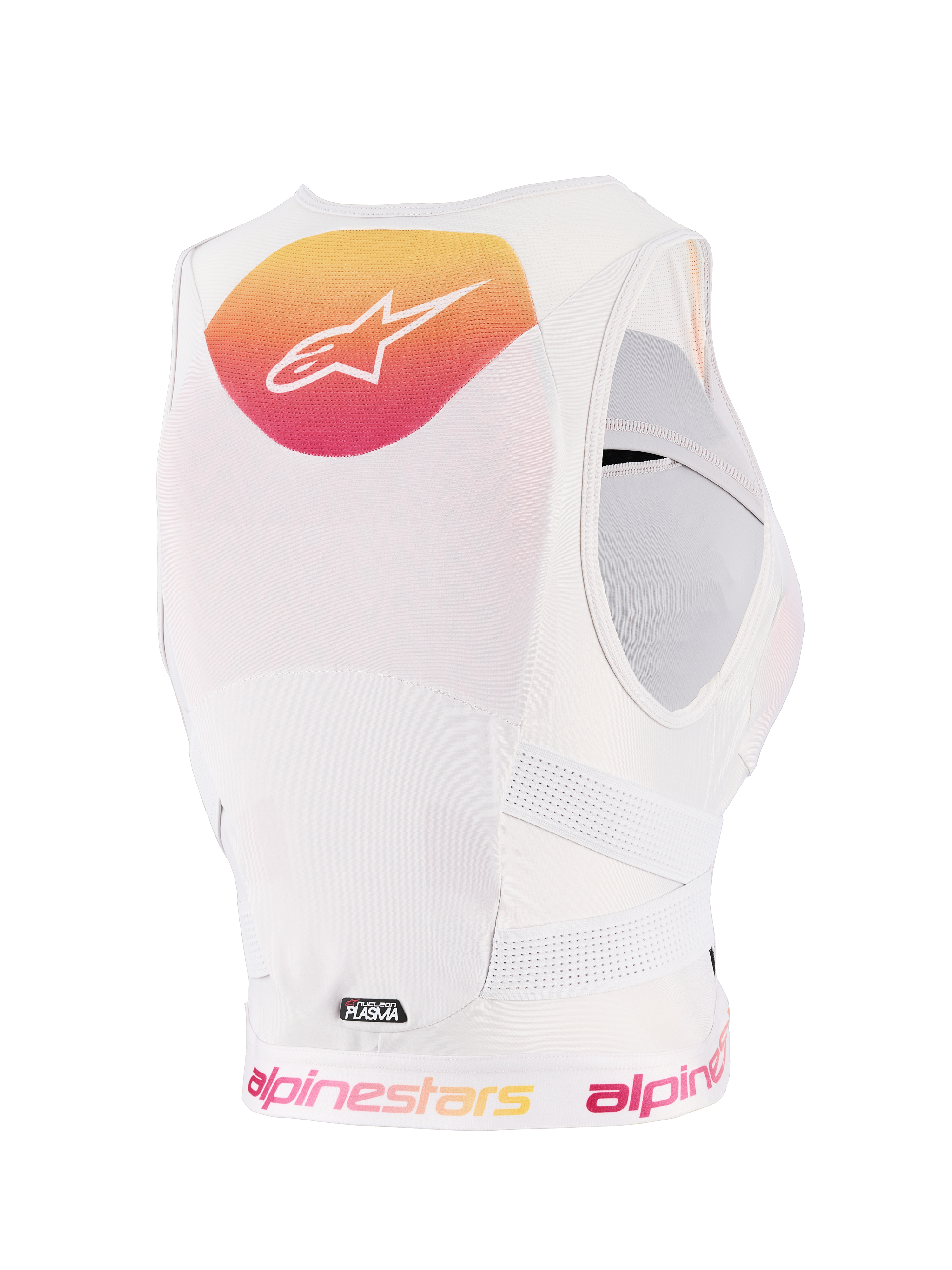 Alpinestars Woman Stella Plasma Chest Protector, Light Lilac Fade White, back view featuring a yellow and pink gradient graphic with white logo, white breathable mesh construction, and perforated side straps for off-road protection.