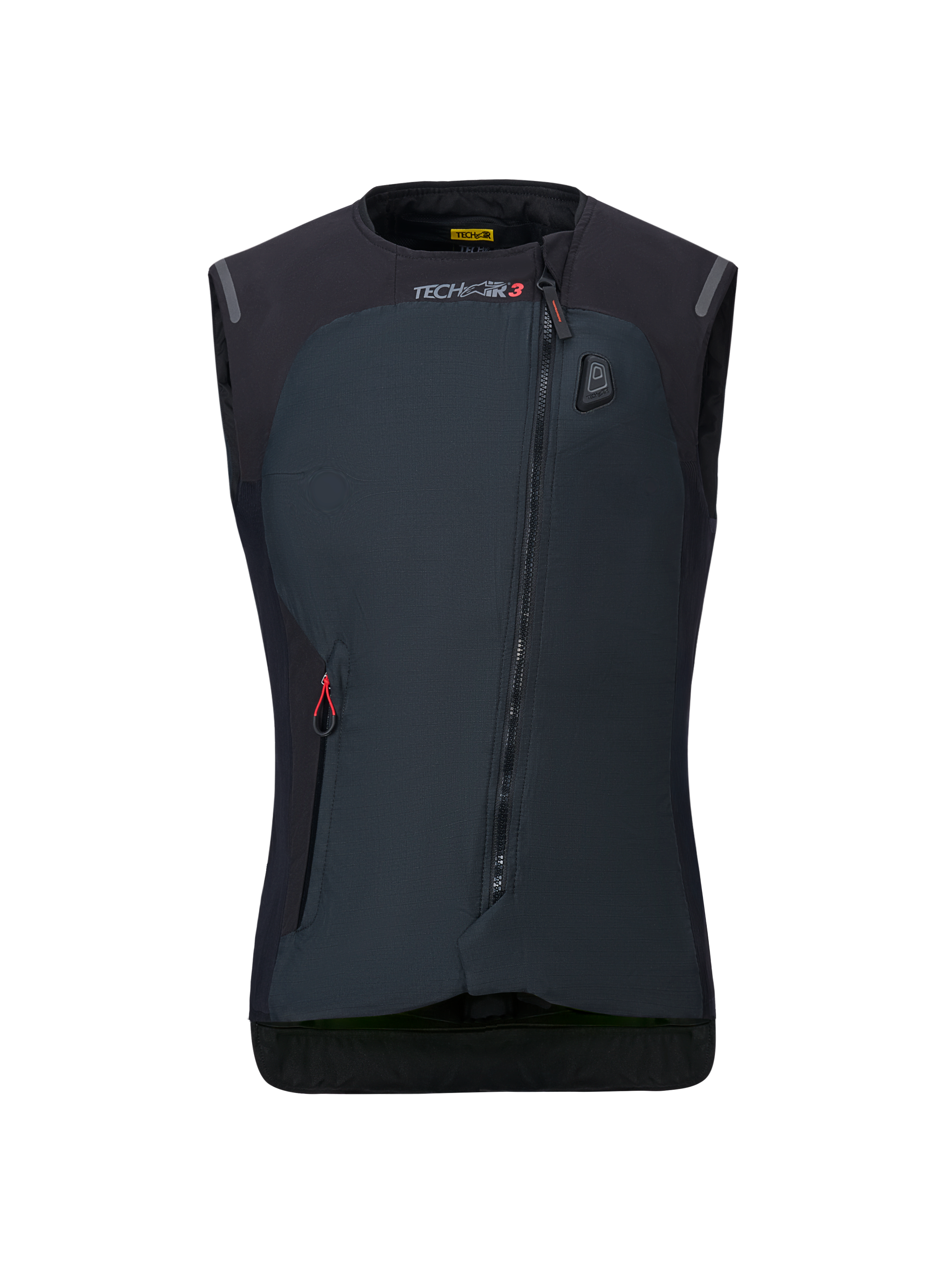 Alpinestars Women Stella Tech-Air 3 V2 System, Black Motorcycle Airbag Vest, front view, featuring a diagonal zipper, Tech-Air 3 branding, and an LED status indicator on the chest