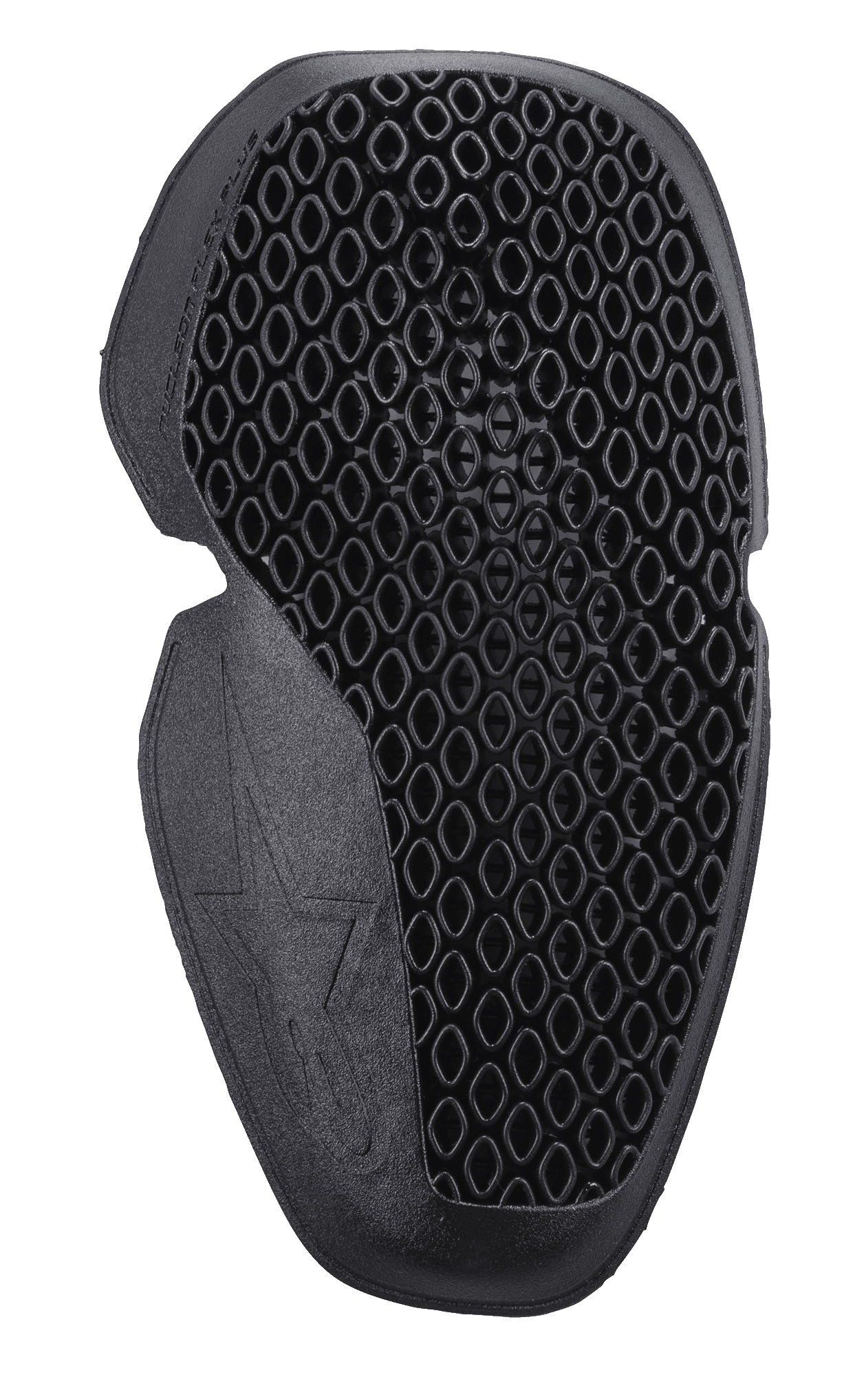 Alpinestars Nucleon Flex Plus Knee Protector, Black, motorcycle knee armor insert featuring a perforated open-cell honeycomb structure, ergonomic slim profile, and flexible design with embossed star logo