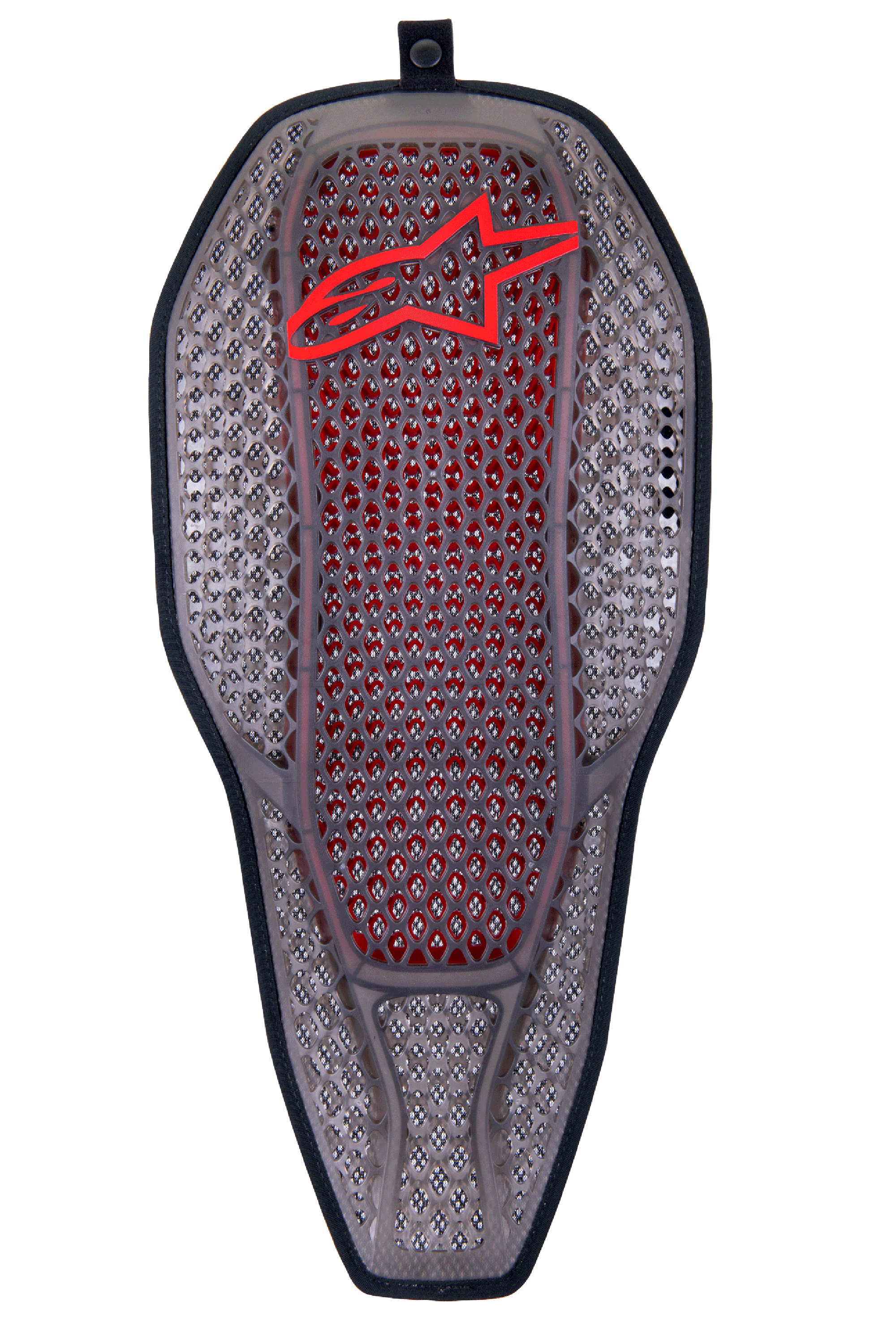 Alpinestars Nucleon Flex Proi Full Back Protector Insert, Transparent Smoke Red, smoke gray hexagonal cell structure with red inner core, red Alpinestars logo at the top, ergonomic elongated shield shape, highly ventilated motorcycle protection gear