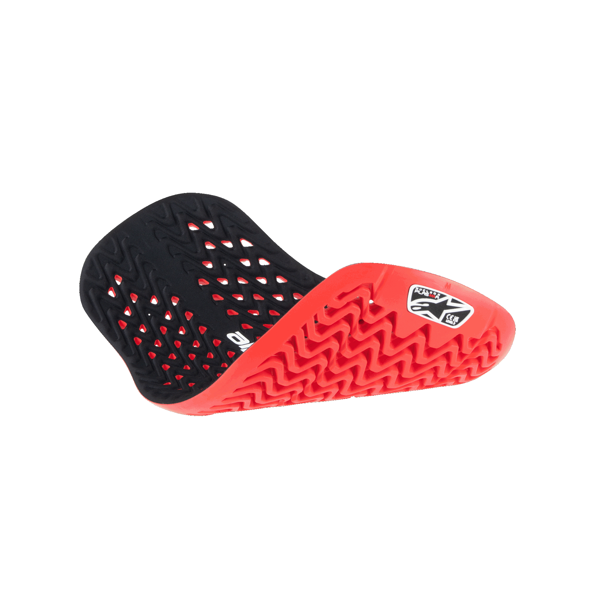 Alpinestars Nucleon Plasma Back Protector Insert, Red and Black, shown in a folded position to highlight flexibility, featuring a perforated black interior and a textured red exterior with a zig-zag pattern and white Alpinestars logo, lightweight and ventilated motorcycle protection