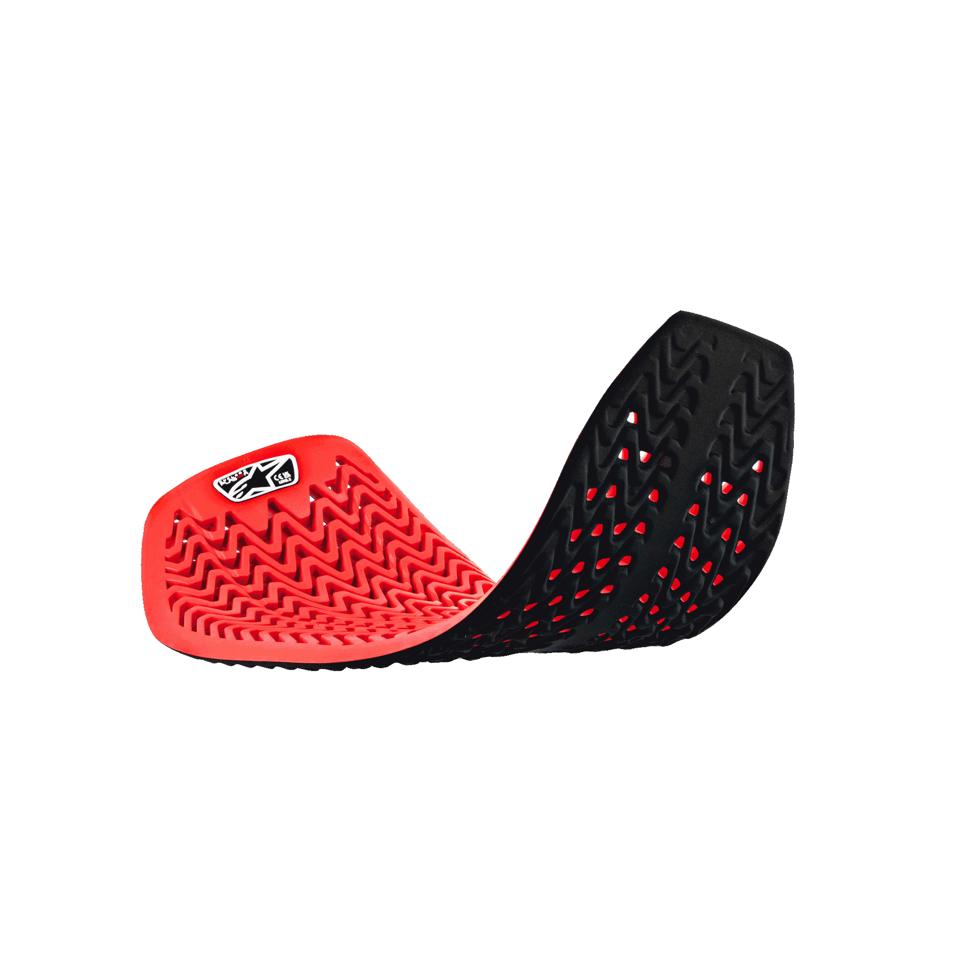 Alpinestars Nucleon Plasma Full Back Protector Insert, Red and Black, flexible curved position showcasing cellular perforated design, wavy impact-absorbing structure, breathable motorcycle protection gear