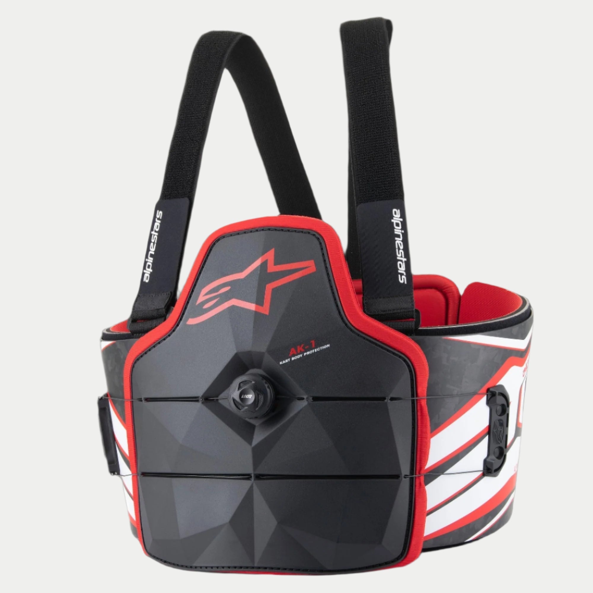 Protection de carrosserie Alpinestars Youth AK-1 Kart, protection de karting, noir, blanc et rouge, plaque de poitrine facettée avec molette centrale Speed-Lace, bordure et logo rouges, bretelles noires réglables, conception ergonomique pour la course