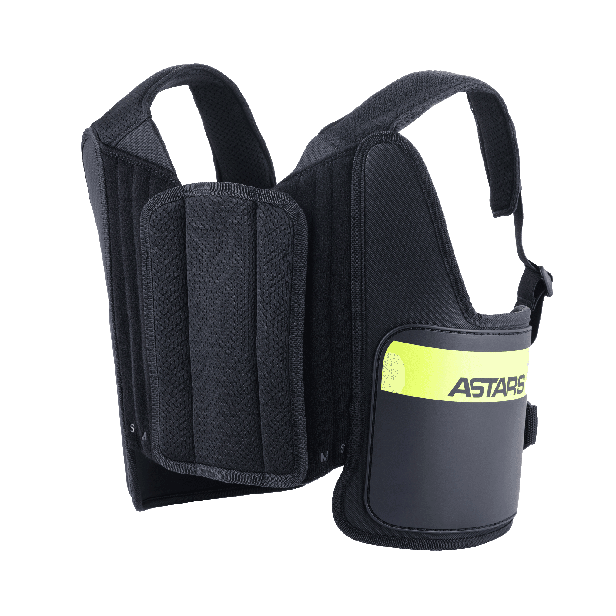 Support de côtes Alpinestars Bionic, protection de côtes pour le karting, noir et jaune fluo, avec marquage ASTARS, bretelles en maille réglables et construction rembourrée multicouche pour un ajustement ergonomique.