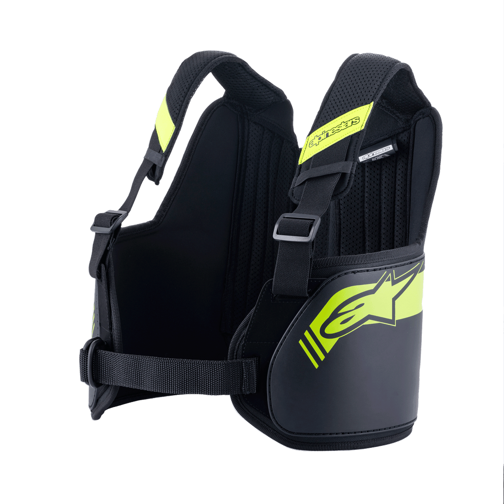 Alpinestars Bionic Rib Support, protection de côtes pour le karting, noir et jaune fluo, sangles ajustables et ceinture thoracique centrale, intérieur en mesh respirant avec panneaux rembourrés, design ergonomique pour la protection en karting