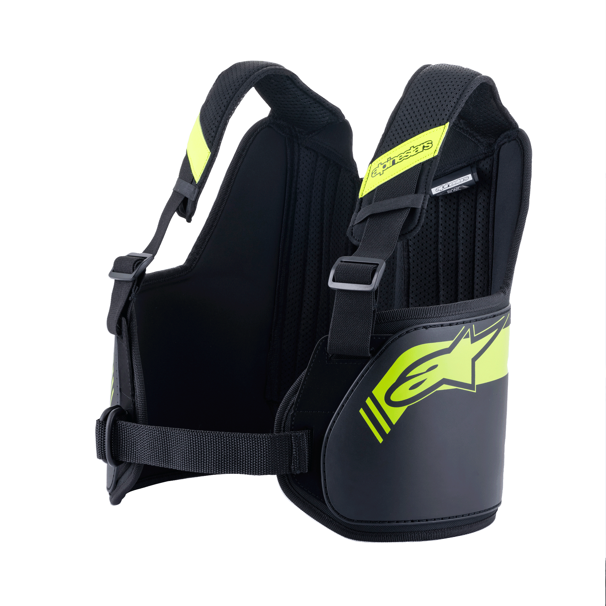 Alpinestars Bionic Rib Support, protection de côtes pour le karting, noir et jaune fluo, sangles ajustables et ceinture thoracique centrale, intérieur en mesh respirant avec panneaux rembourrés, design ergonomique pour la protection en karting