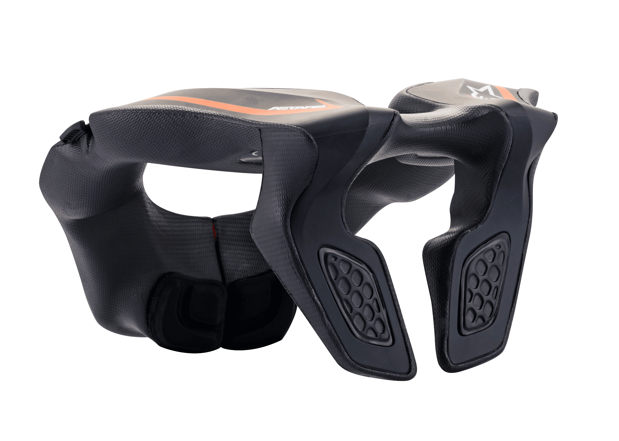 Alpinestars Youth Neck Support, Motocross Neck Protector, Black with Orange accents and white logo, injected polymer frame with EVA foam padding, designed for youth rider safety during off-road racing