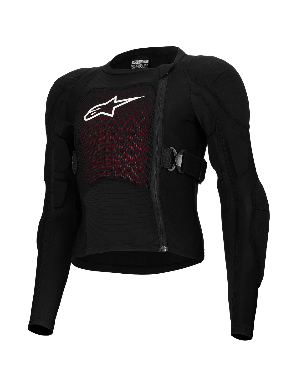 Alpinestars Bionic Plasma LT Youth Protection Jacket, Black and Red, Motorcycle Protective Gear, featuring padded shoulders and elbows, offset front zipper, adjustable side straps, and textured chest panel with white logo