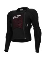 Alpinestars Bionic Plasma LT Youth Protection Jacket, Black and Red, Motorcycle Protective Gear, featuring padded shoulders and elbows, offset front zipper, adjustable side straps, and textured chest panel with white logo