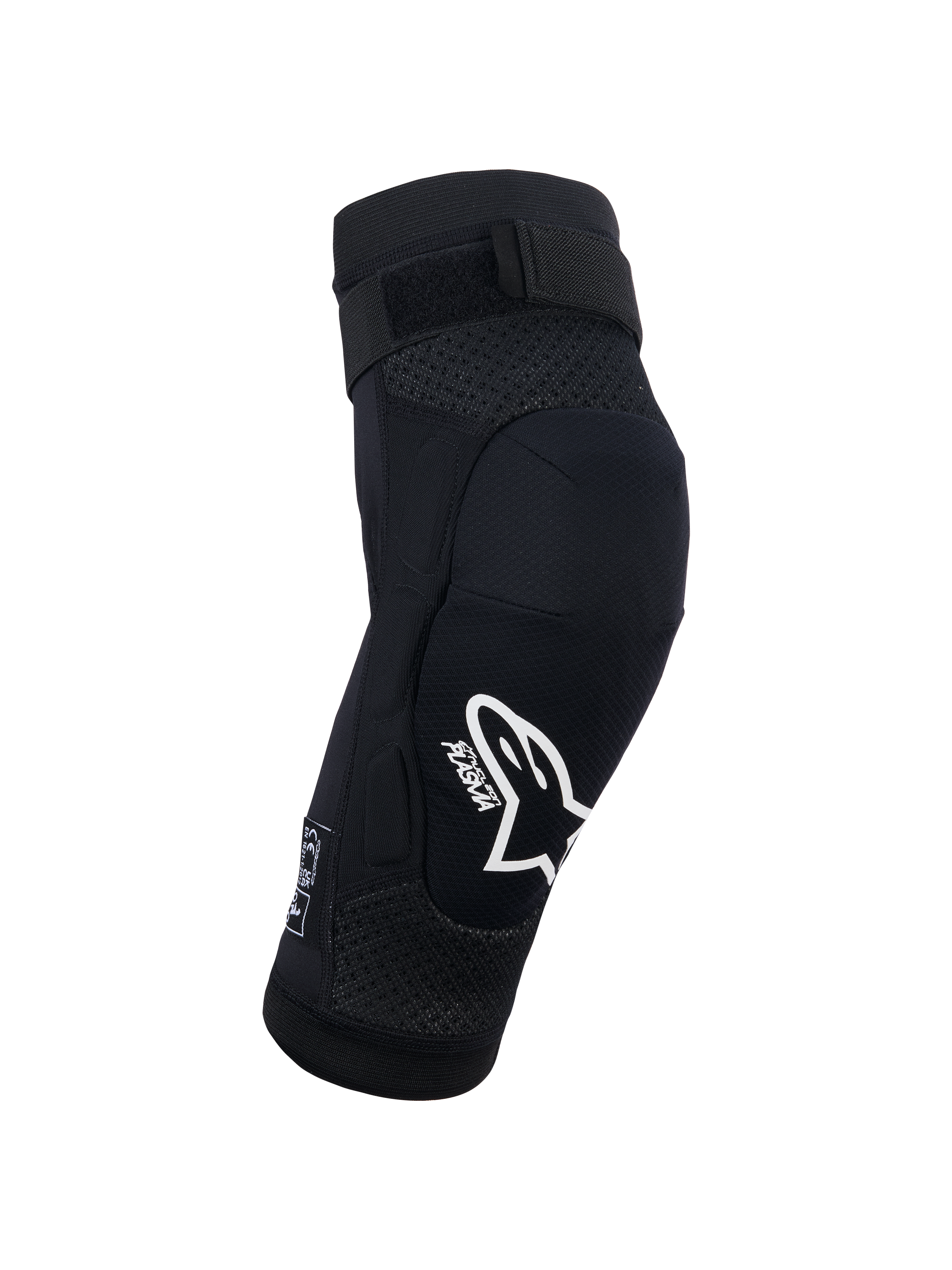 Alpinestars Bionic Plasma Youth, genouillère de protection pour jeune, noire, équipement de protection pour motocross, logo Alpinestars et marquage Plasma blancs, châssis en maille 3D, sangle supérieure ajustable, design ergonomique profilé