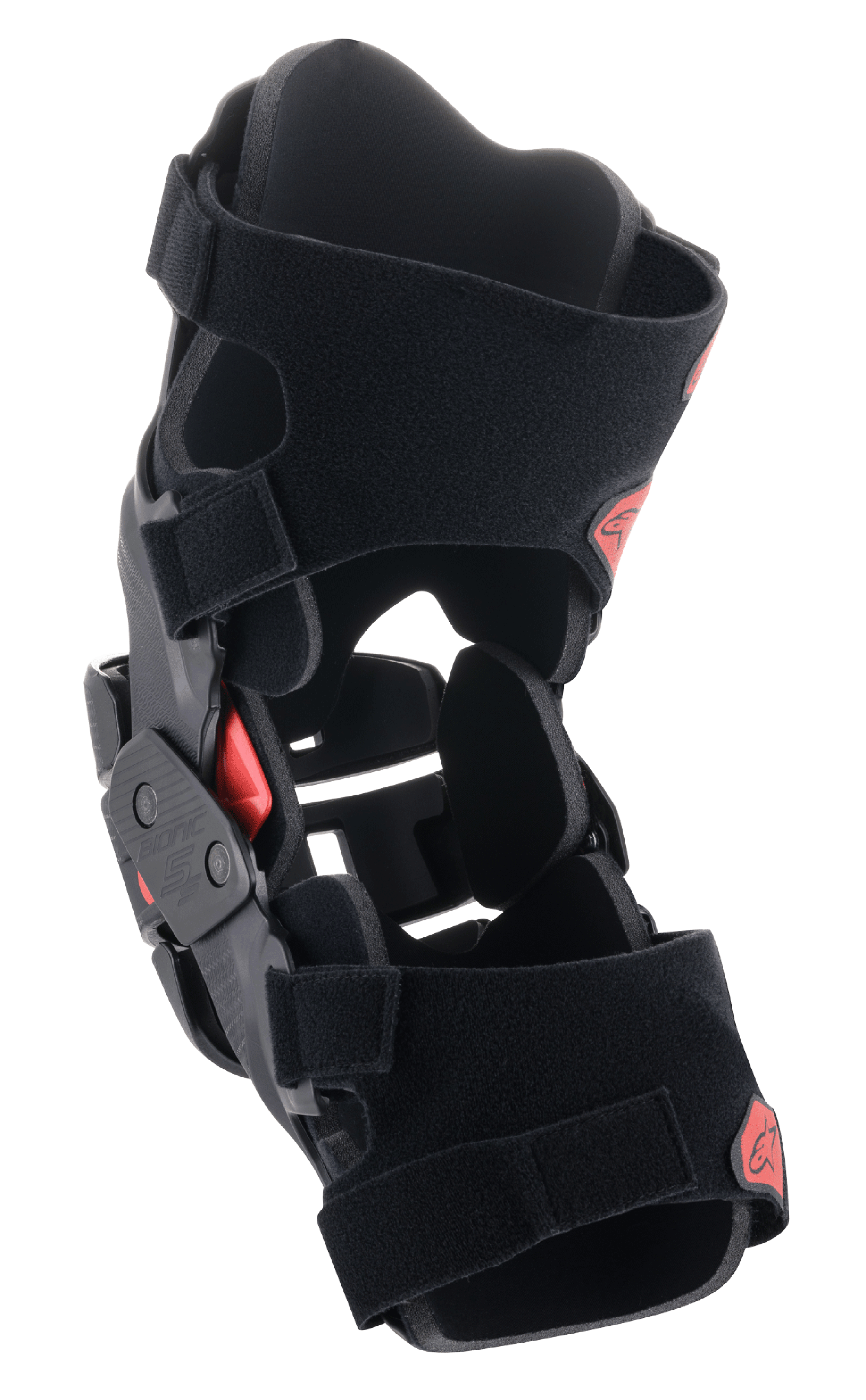 Orthèse de genou Alpinestars Bionic 5S Junior, protecteur de genou de motocross, noir et rouge, dotée d'une construction de cadre hybride, d'un système de charnière à quatre points stable et de sangles Velcro réglables, design protecteur et léger pour les jeunes pilotes tout-terrain.