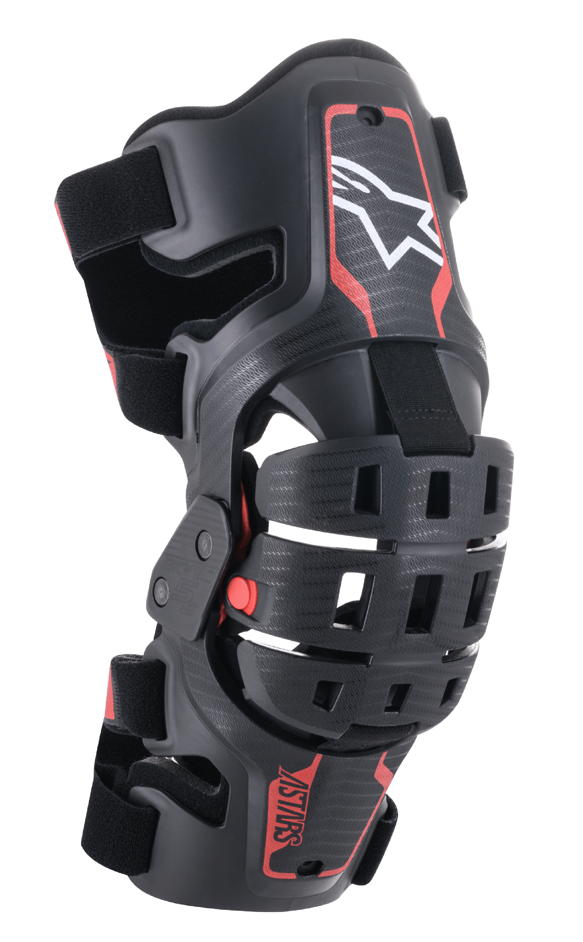 Orthèse de genou Alpinestars Bionic 5S Youth, protection de genou de motocross, noir et rouge, avec un logo étoile blanc, système de charnière articulé à quatre points, cadre en composite robuste avec sangles réglables, conçu pour la course tout-terrain pour les jeunes