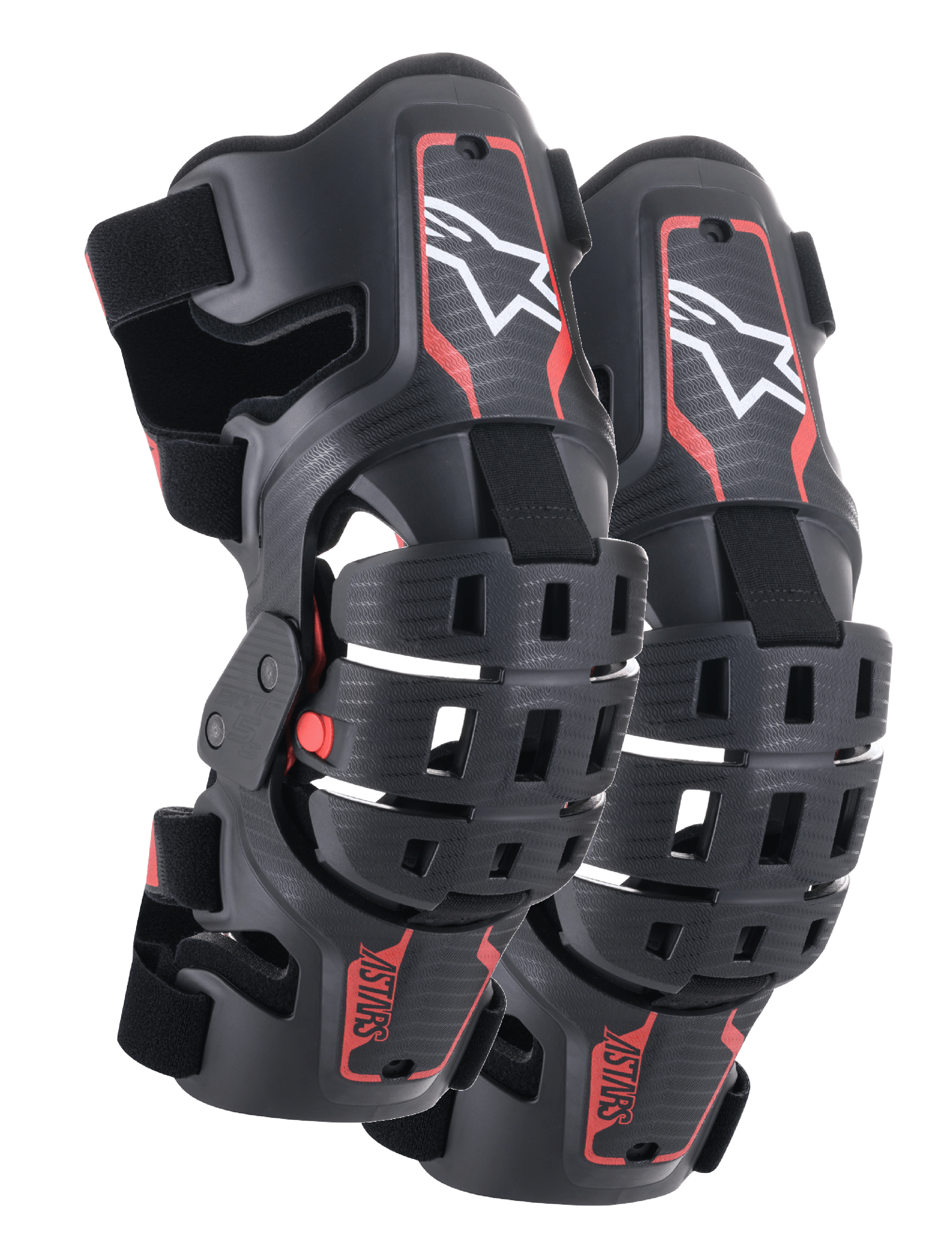 Genouillères Alpinestars Bionic 5S Junior, protection de genou motocross, noir et rouge, paire de protecteurs avec design de cadre hybride et coques ventilées, logo Astar blanc sur la partie supérieure, marquage ASTARS rouge sur la partie inférieure et sangles noires réglables pour un ajustement sûr.